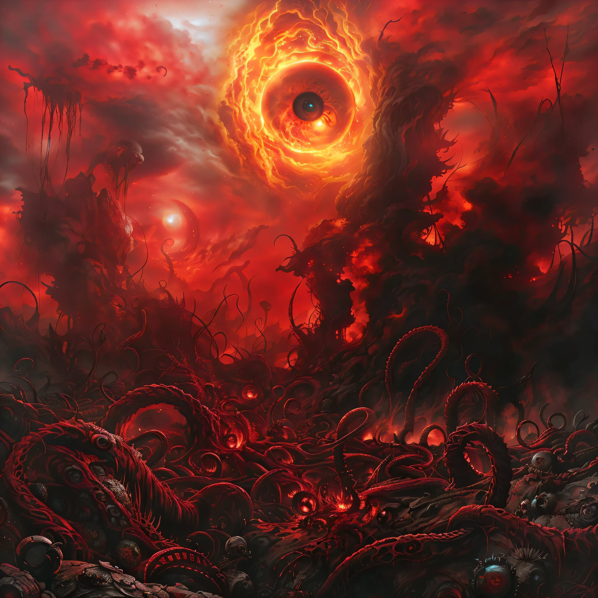 there is a painting of a giant eye surrounded by many other things, hell scape, lovecraftian hellscape, an ominous fantasy illustration, azathoth, hyperrealistic hell, apocalypse art!!!!, harrowing apocalyptic atmosphere, hell background, apocalypse art, blood moon tentacles!!, lovecraftian landscape, hellish landscape, bloody river in hell