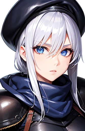 A woman in leather armor and a navy blue cape Leather Belt beret scarf silver hair blue eyes Beautiful woman with long eyelashes Serious expression Upper Body