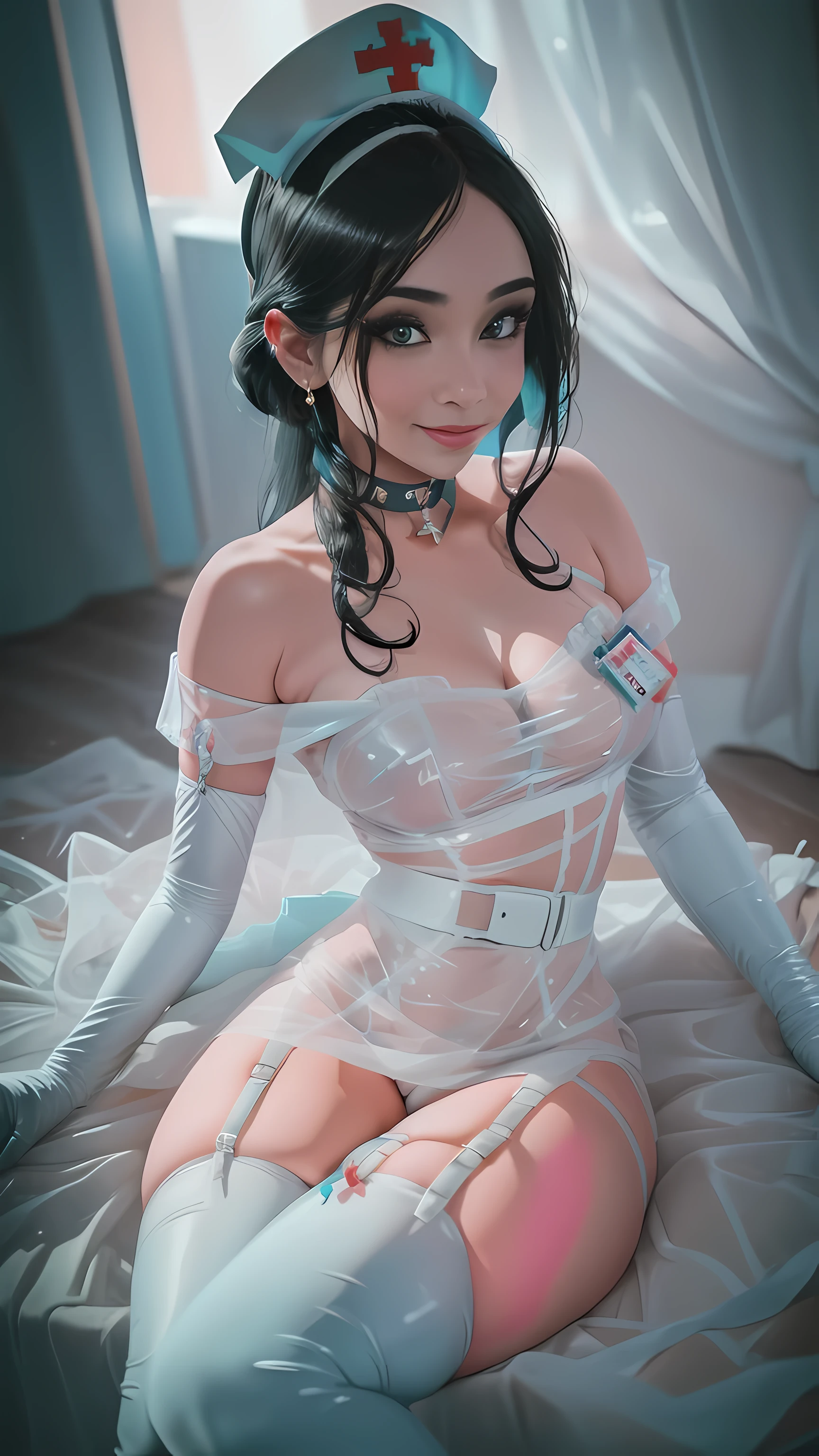 ruanyi0124, choker, id card, thong, see-through, nurse, nurse cap, white bra, garter straps, white dress, elbow gloves, jasmine 1girl, , solo, looking at viewer, smile, jewelry, sitting, full body, flower, earring, off shoulder, makeup (realistic:1.2), (realism), (masterpiece:1.2), (best quality), (ultra detailed), (8k, 4k, intricate),(85mm),light particles, lighting, (highly detailed:1.2),(detailed face:1.2), (gradients), colorful,(detailed eyes:1.2)(detailed background),detailed landscape, (dynamic angle:1.2), (rule of third_composition:1.3), (Line of action:1.2)