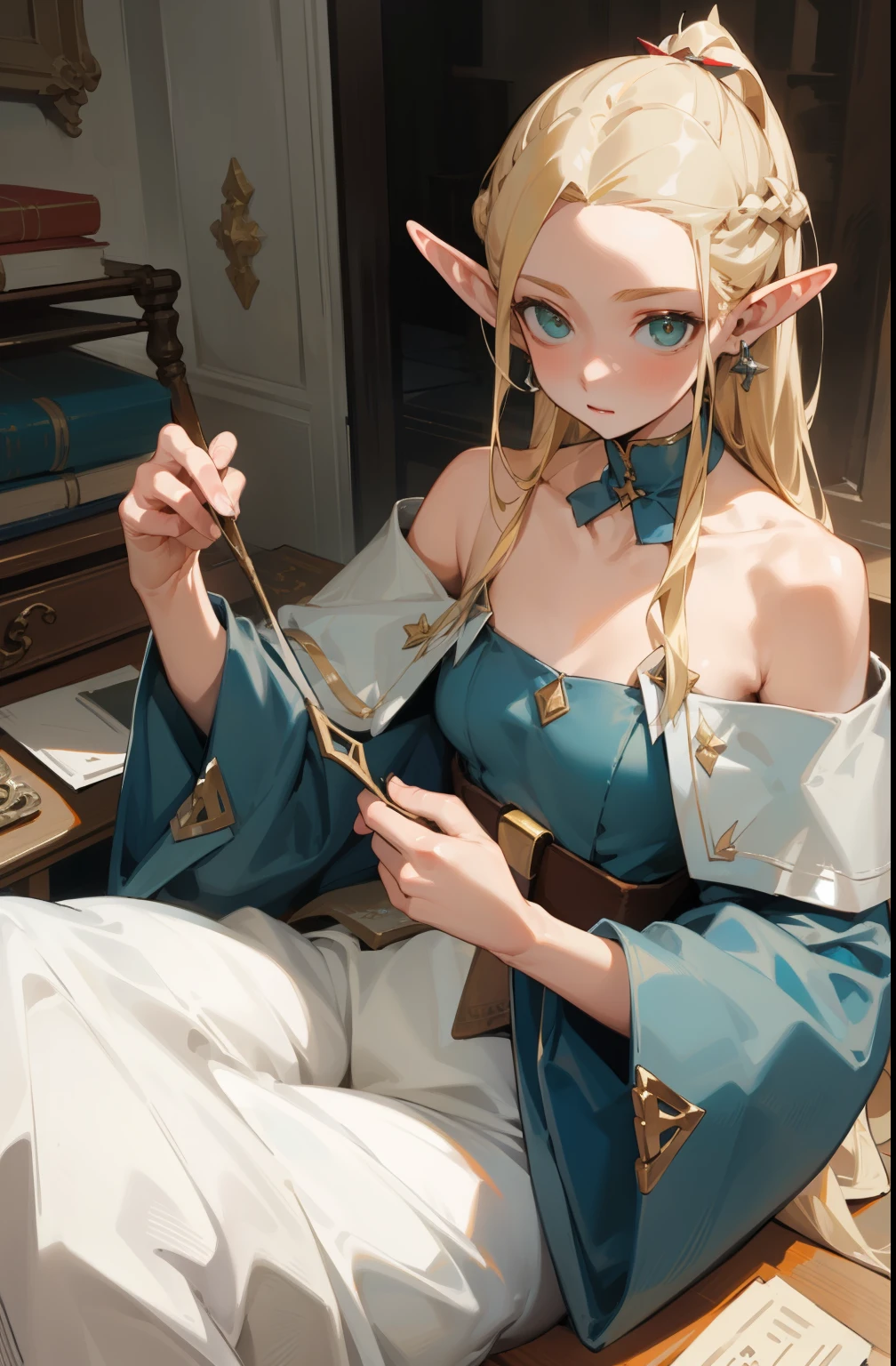 (masterpiece, best quality) detailed,  silver accessories , blond ,elegant,  Pointed ears ，The clothespin is broken，Off-shoulder，