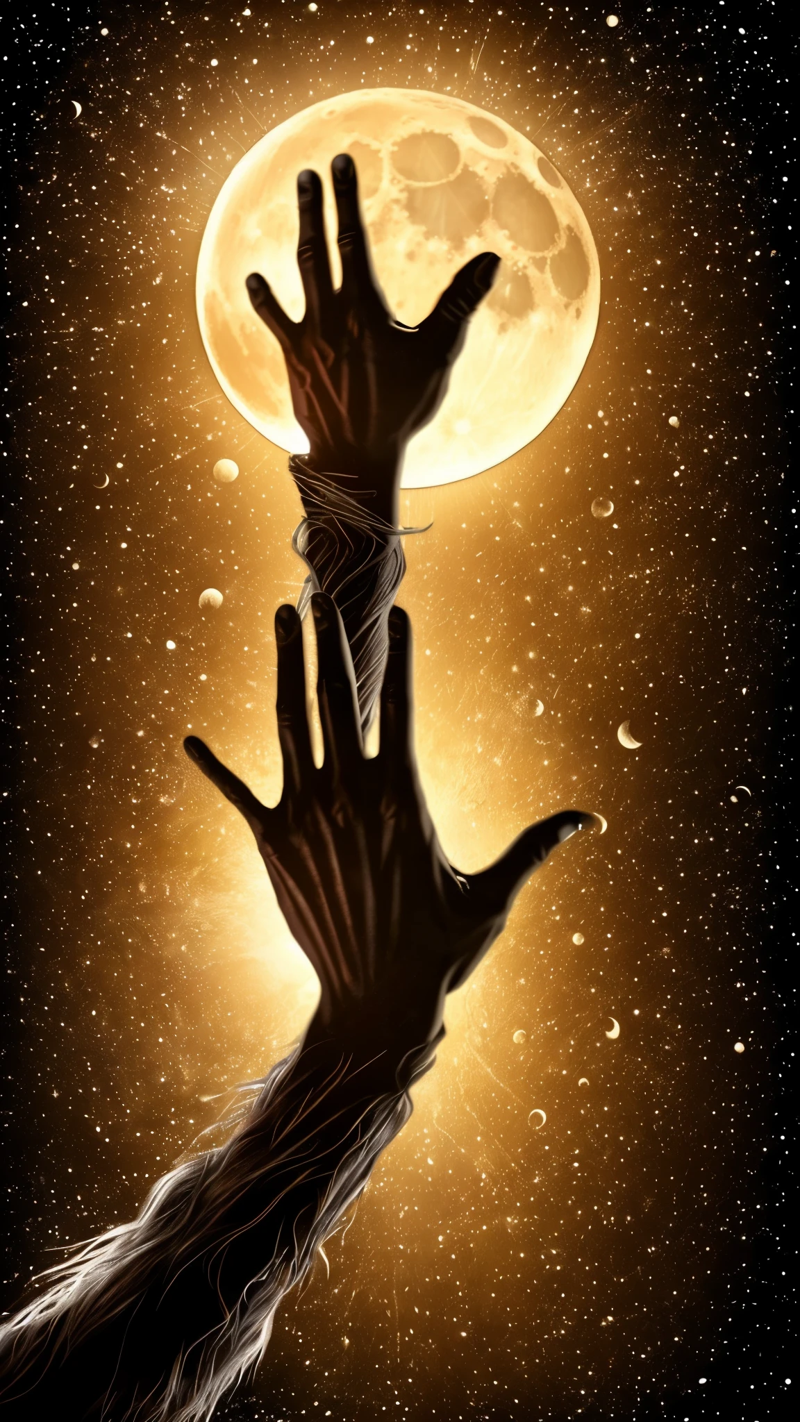 A hand reaching up towards the moon with an outstretched middle finger, (Realistic textures: 1.5), (Moonlit scene: 1.2), (Dramatic lighting: 1.4), Cinematic composition, Focus on hand and moon, Ultra-high resolution, Hyper-realistic, Masterpiece, Detailed moon surface, Warm colors, Glowing effect, Dynamic angle, Expressive, Dreamlike, Full of emotion.