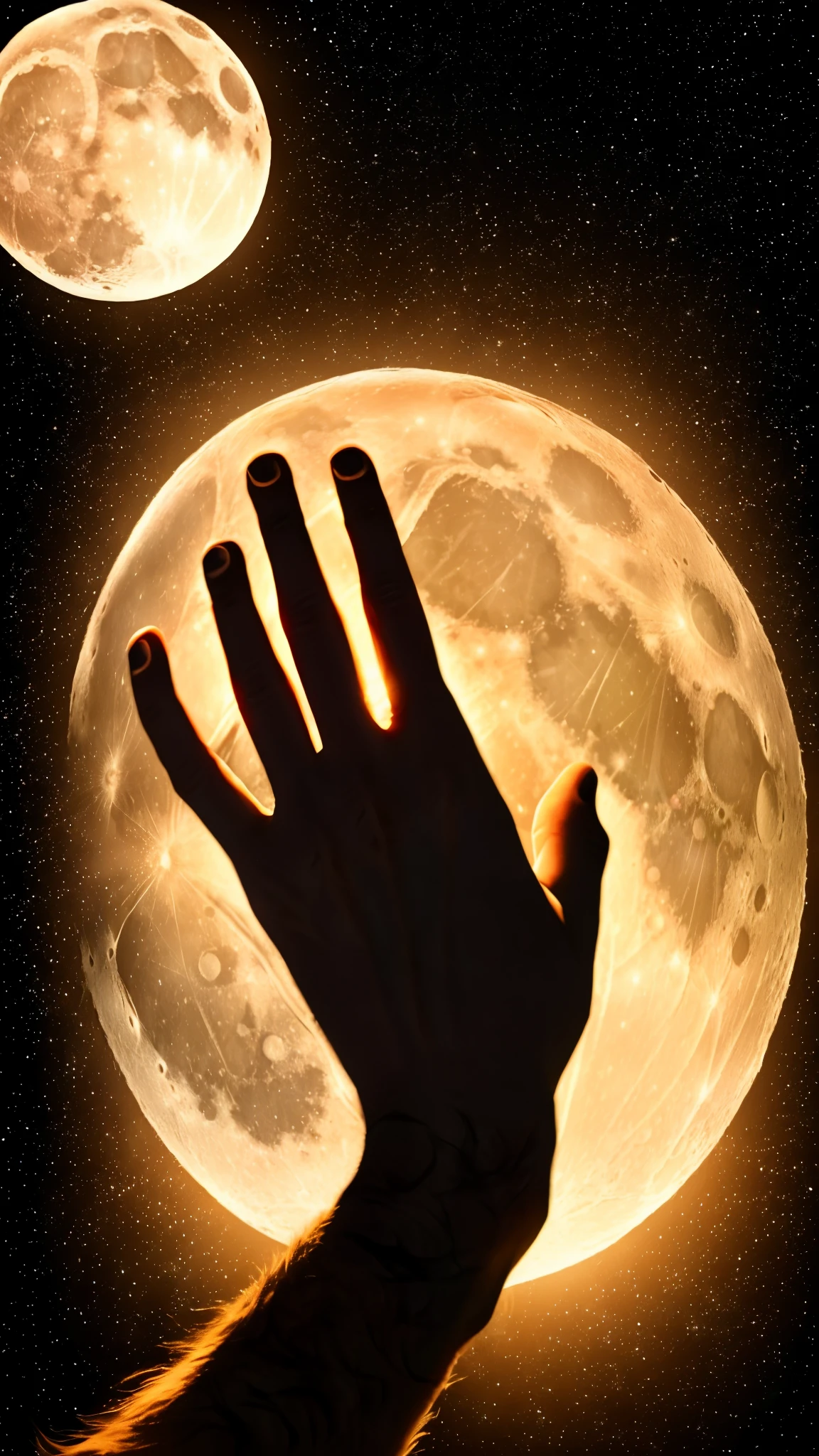 A hand reaching up towards the moon with an outstretched middle finger, (Realistic textures: 1.5), (Moonlit scene: 1.2), (Dramatic lighting: 1.4), Cinematic composition, Focus on hand and moon, Ultra-high resolution, Hyper-realistic, Masterpiece, Detailed moon surface, Warm colors, Glowing effect, Dynamic angle, Expressive, Dreamlike, Full of emotion.