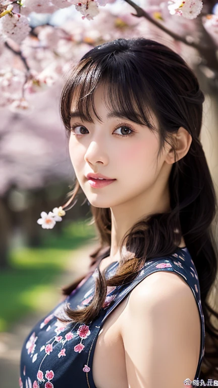 (logo、masterpiece、8k、Tabletop、RAWphotograph、wonderful、最high quality、フォトリアリスティックでVery detailedな CG 統合 8k 壁紙、high quality、Very detailed、Narrative poem、Particle Effects、Dynamic Effects、Written boundary depth、Cinematic Light、Lens flare、Ray Tracing)、Fantasy、 (1 beautiful woman、dress、dress、Cherry blossom pattern、Black-haired、Beautiful Face、True Face、Beautiful details、eye、Beautiful Skin)、髪がWindで踊る、Hair flutters in Wind、hair bounces、Pink cherry blossom tree、Petals fluttering、SakuraFubuki、wonderful景色、sunrise、Sun in the background、Wind、Complete reality、photograph