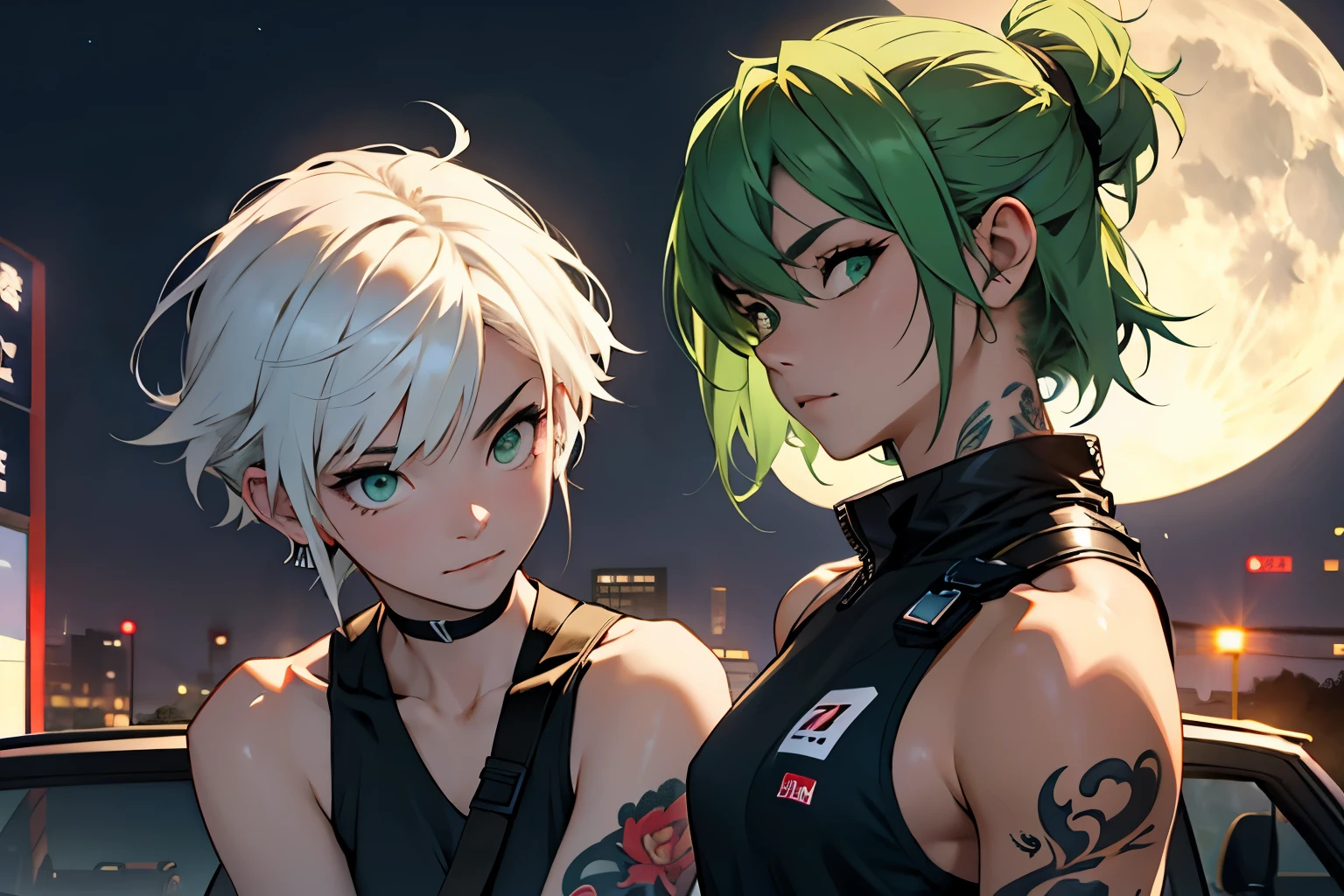 Portraiture, 2 girls, Japanese、、Don&#39;t wear anything around your neck、, Asymmetrical Hair, The girl on the right has white hair, The girl on the left has green hair、Futuristic Tank Top、tattoo, ,首にtattoo, Green Eyes, , cute, Spectacular views、thunder, ,Short Bob Cut、Long Hair、Upper Body、Yellow RX-7 in the background、sports car、full moon、Midnight