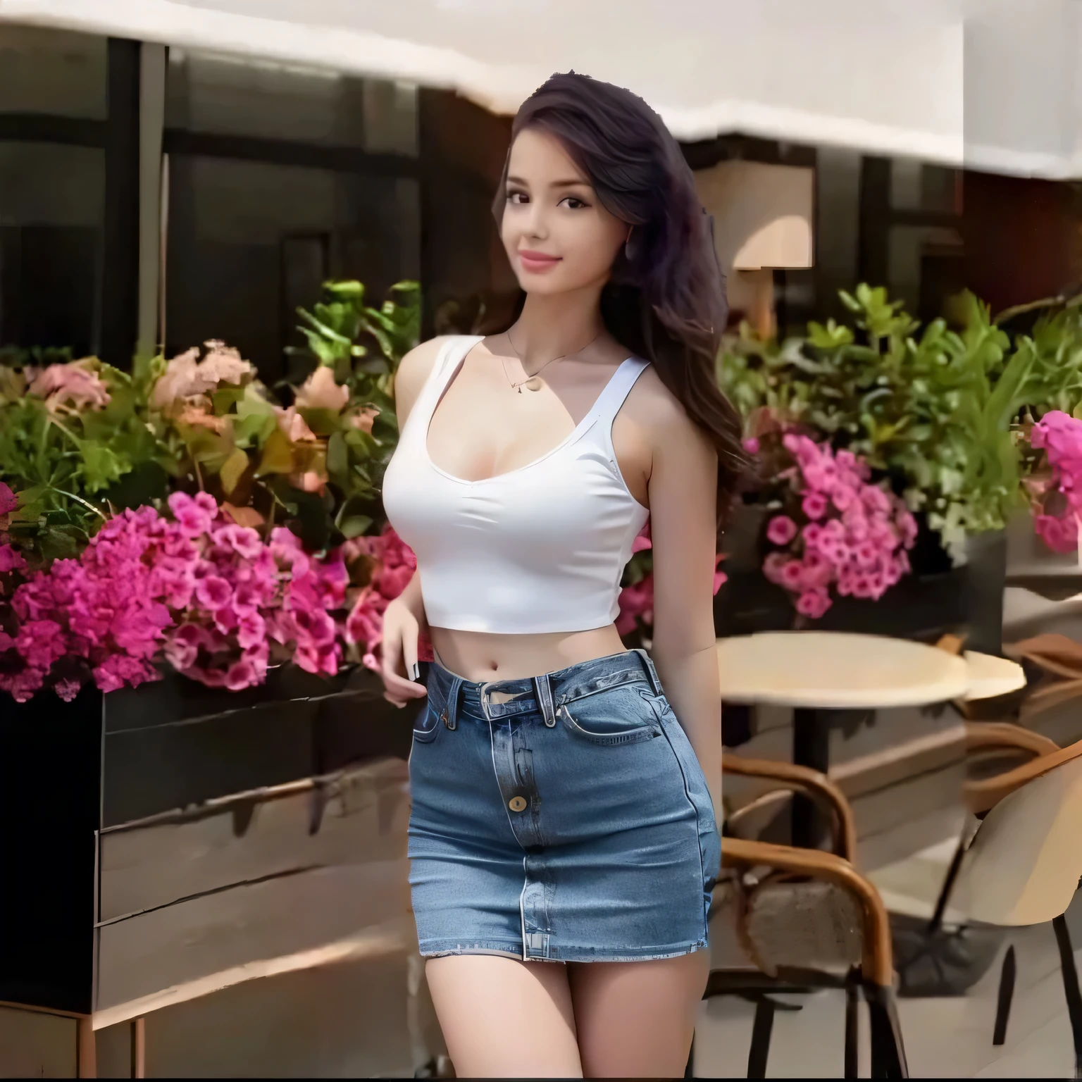 The neck is flesh-colored and clean，Clean and beautiful jaw line，White top，Beautiful firm bust，Beautiful bust shape，Tight waist，Jeans exy and beautiful thighs and hips，Beautiful legs，Perfectly proportioned and balanced,Elegant, beautiful and graceful,