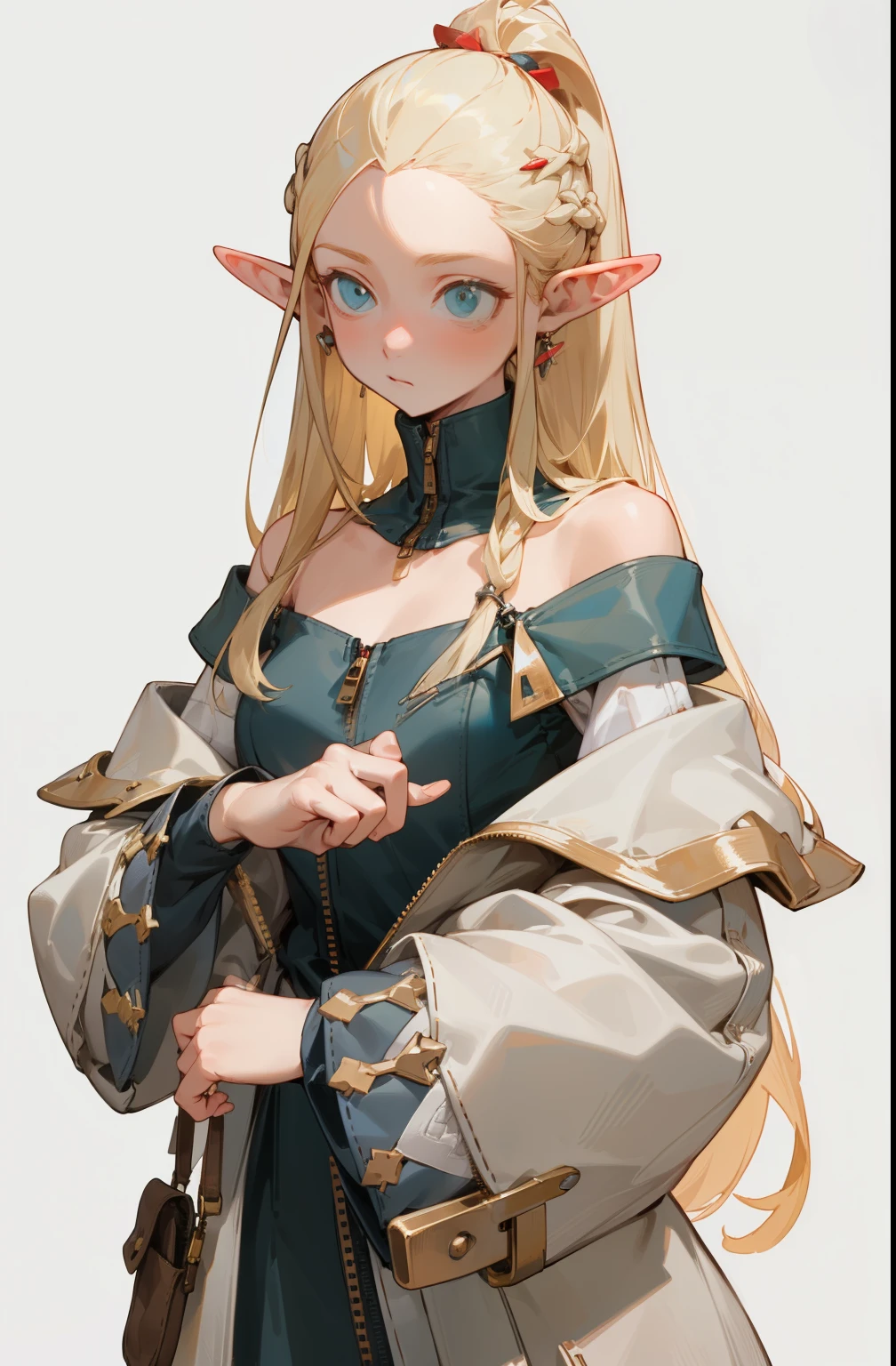 (masterpiece, best quality) detailed, silver accessories , The zipper is not closed , blond ,elegant, Pointed ears ,The clothespin is broken,Off-shoulder,whole body