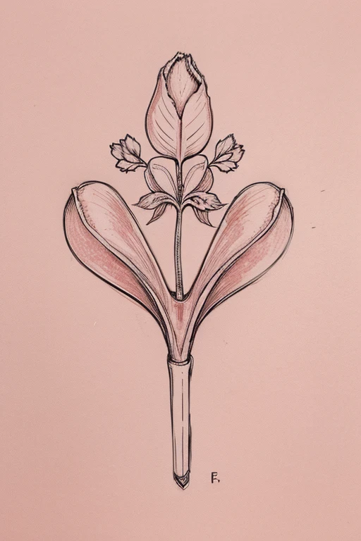contour drawing of a uterus with flowers and leaves on a plain pink background