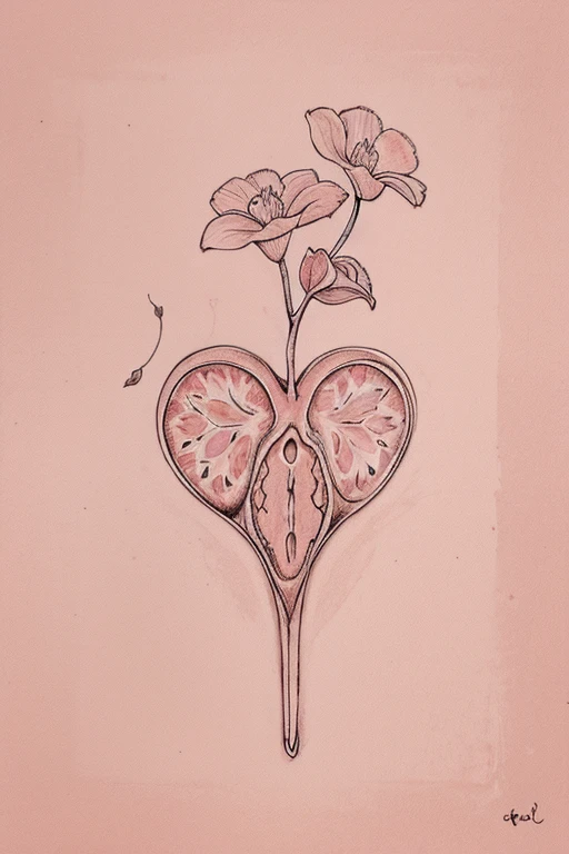 contour drawing of a uterus with flowers and leaves on a plain pink background 