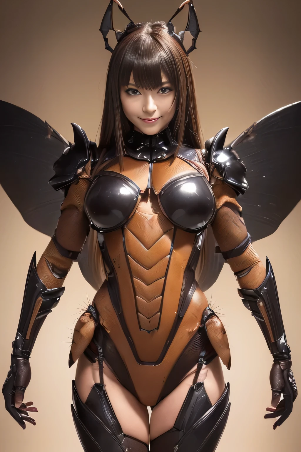 (high resolution,masterpiece,best quality,extremely detailed CG, anime, official art:1.4), realistic, photo, amazing fine details, all intricate, gloss and shiny,awesome many layers, 8k wall paper, 3d, sketch, kawaii, illustration,( solo:1.4), perfect female proportion,villainess, (fusion of dark brown cockroach and lady:1.4), (brown cockroach form lady:1.2), (brown cockroach lady:1.2), (fusion:1.2), (solo:1.4), (evil smile:1.2), muscular, abs, (cockroach brown exoskeleton bio insect suit:1.4), (cockroach brown exoskeleton bio insect armor:1.2), (brown transparency cockroach wing:1.4), (brown cockroach antennae:1.3),