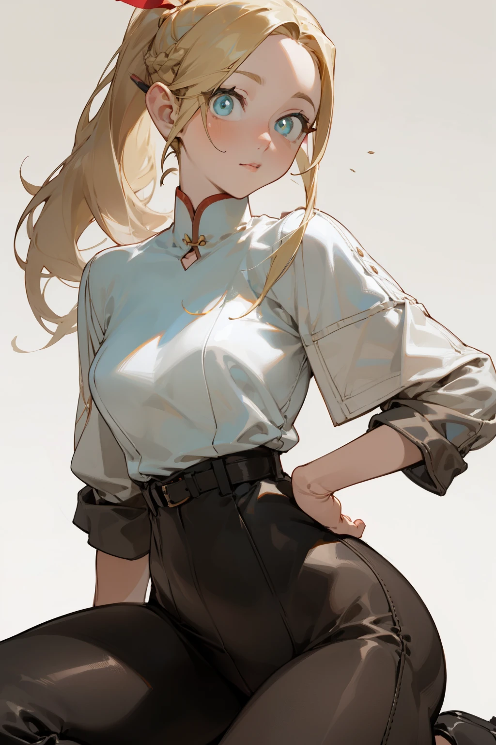 Pantyhose,Tight leather pants,White top,boots, Fashion Clothing,Long blond hair,Single ponytail,high ponytail, bust and waist,Beautiful blonde,(masterpiece),((best quality)),(Ultra Detailed),(beautiful eyes beautiful details eyes,Clean and delicate face)