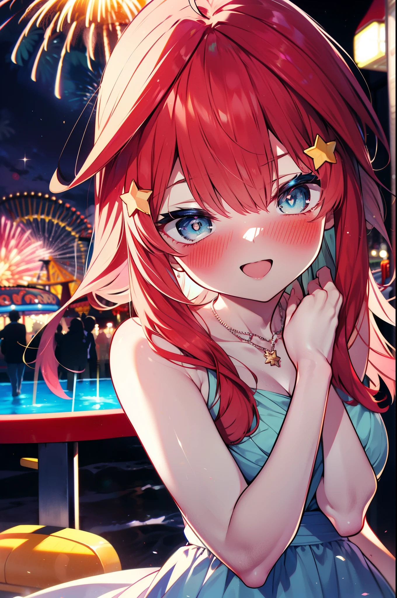 itsukinakano, Itsuki Nakano, bangs, blue eyes, Hair between the eyes, Ahoge, Redhead, star \(symbol\), hair ornaments, star hair ornaments,smile,blush,happy atmosphere,
(Great Laugh:1.1), (Open your mouth:1.1), Sun glare, Bokeh, Written boundary depth, blurred background, Particles of light, Strong winds, White long skirt integrated dress,Exposing shoulders,bare clavicle,Bare neck,Bare arms,Cute Sandals,slouch,Look up,night,moonlight,star,romantic,Heart Necklace,amusement park, roller coaster, carousel, Bumper Car, Ferris wheel, water park,firework,　　　　　　　　　　　　　 break looking at viewer, Upper Body, whole body,(Cowboy Shot:1. 3) 　　　　　　　　　　　　　　　break outdoors, amusement park　　　　　　　　　　　　break (masterpiece:1.2), highest quality, High resolution, unity 8k wallpaper, (shape:0.8), (Fine and beautiful eyes:1.6), Highly detailed face, Perfect lighting, Highly detailed CG, (Perfect hands, Perfect Anatomy),