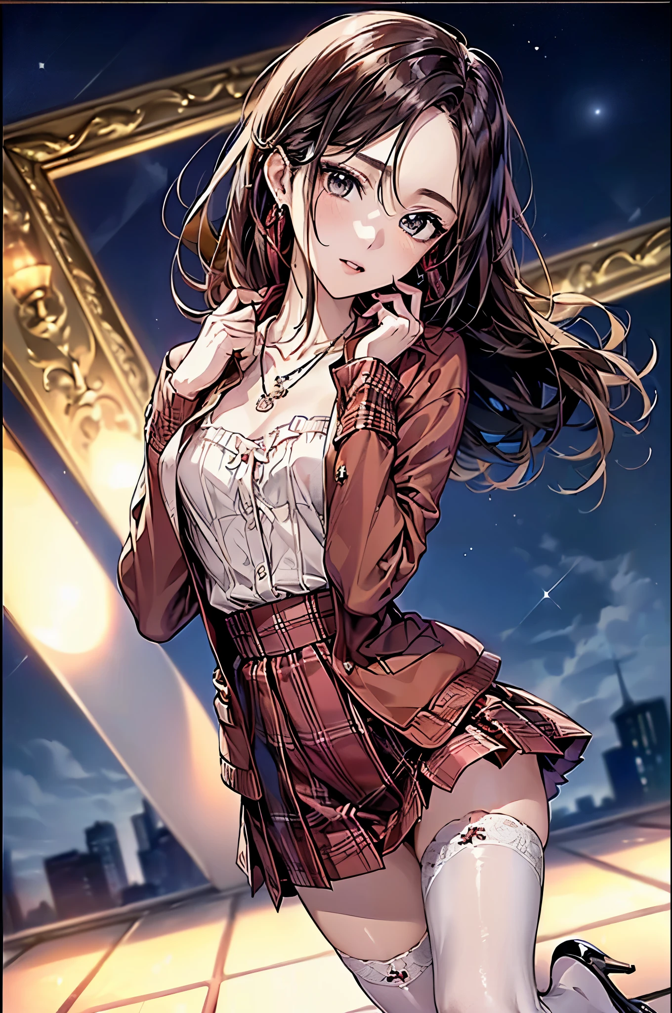 ((Biologically correct number of limbs))、(( Full body photo including face))、4K、((Standing posture))、Masterpiece、((focus on the face))、((Symmetrical facial features))、Eyes with detailed description、Beautiful woman、Outstanding style、Beautiful clavicle、Beautiful legs、Beautiful Hands、Slender Body、(Black Stockings、High heels)、Detailed depiction of faces、Small earrings、necklace、(Red Jacket、shirt、(Checked skirt))、((Close-up of face))、Sidelong glance、tie、night、(((Photo framed in white on all four sides)))、High angle、smile