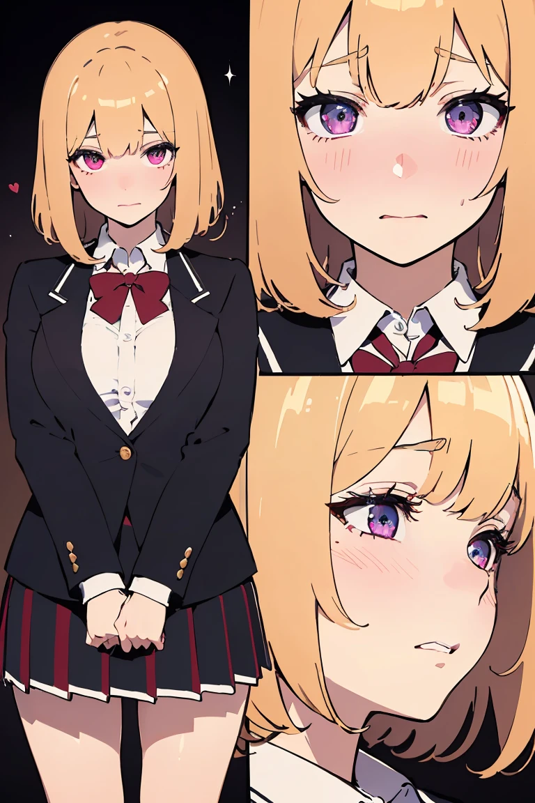 masterpiece, absurdres, best quality, ultra detailed, high Resolution, detailed illustration, bright colour, (extremely beautiful detailed face and eyes, Delicate beautiful face, 1 girl, cute face:1.3), (magenta eyes:1.1), sparkling eyes, big eyes, medium breasts, (perky breasts:1.1), (pointy breasts:1.1), medium hips, glamorous body, white skin, BREAK, long bob cut, (blonde hair:0.8), messy hair, detailed hair, shiny hair, BREAK (undressed, school uniform:1.5), (SEX, vagina, rape:1.3), perfect lighting, (embarrassed:1.5), (ecstasy, vulgarity:1.5), (trembling:0.8),