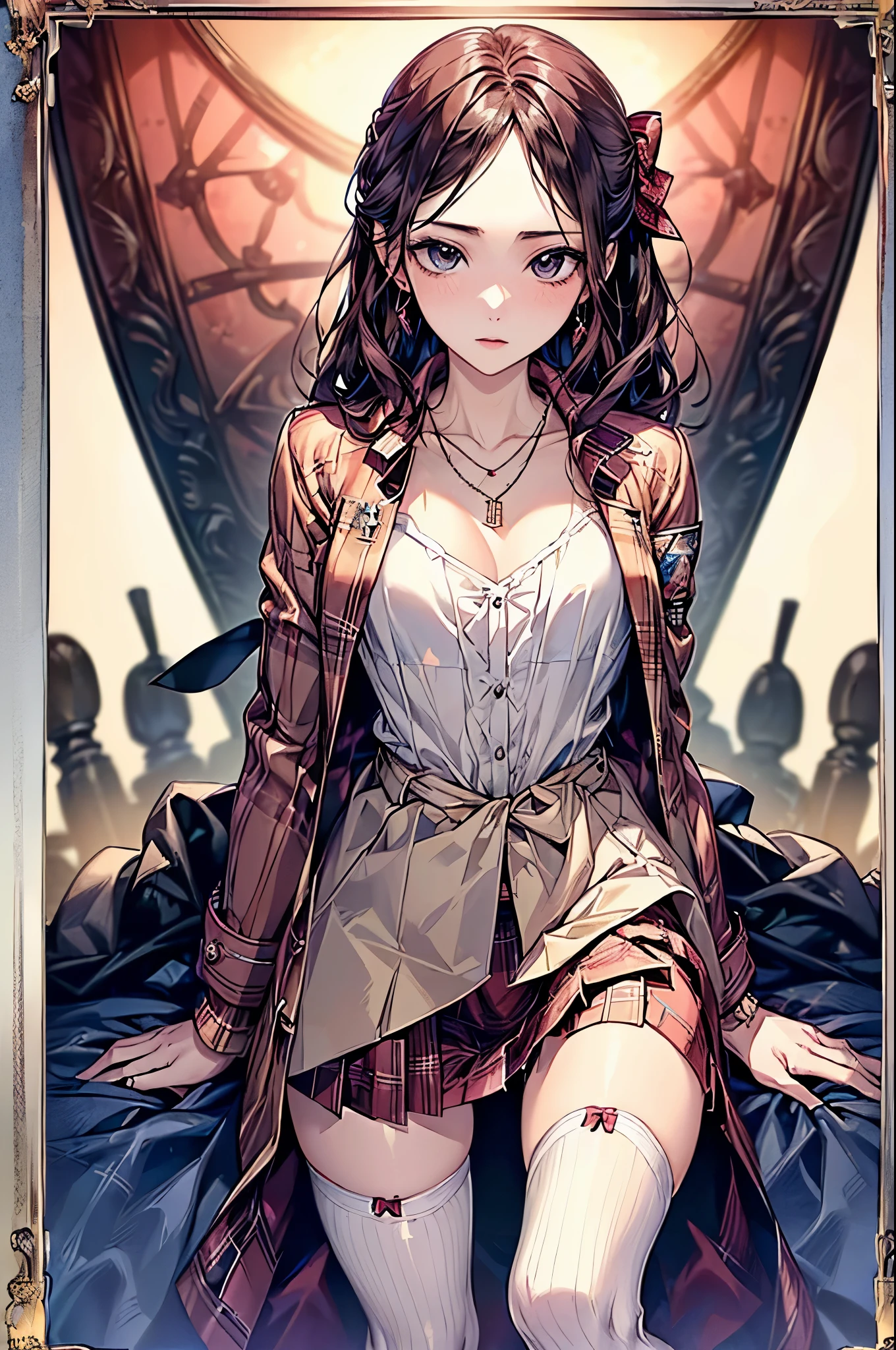 ((Biologically correct number of limbs))、(( Full body photo including face))、4K、((Standing posture))、Masterpiece、((focus on the face))、((Symmetrical facial features))、Eyes with detailed description、Beautiful woman、Outstanding style、Beautiful clavicle、Beautiful legs、Beautiful Hands、Slender Body、(Small Ass、Thin thighs)、(Striped stockings、High heels)、Detailed depiction of faces、Small earrings、necklace、(Red military style jacket、shirt、(Checked skirt))、Close-up of face、turn one's face upward、Sidelong glance、A bow tie、Morning Port、(((white frame photo)))、Ultra low angle、