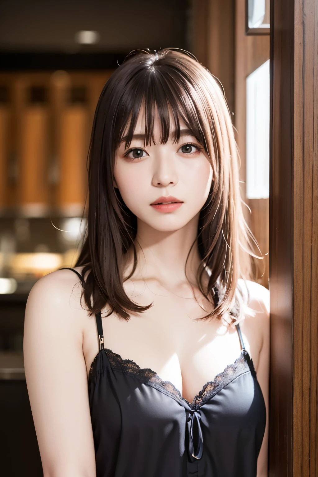 (8k、RAW Photos、highest quality、masterpiece:1.2)、(Realistic、Photorealistic:1.37)、(Narrow waist) :1.3)、Beautiful, smooth skin、Skin Texture、floating hair、Professional Lighting,whole body、brown hair,Black camisole,apartment,Living alone,night