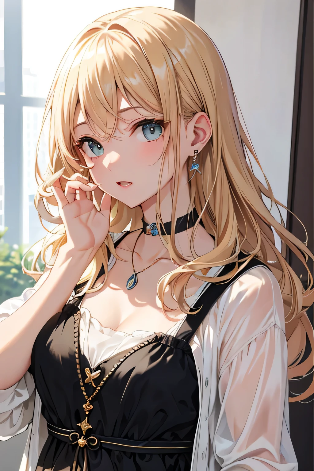 ((highest quality)), ((masterpiece)), (detailed), Perfect Face、Surprised face、put your hand on your mouth、blonde、Smooth Hair、Earrings、necklace、