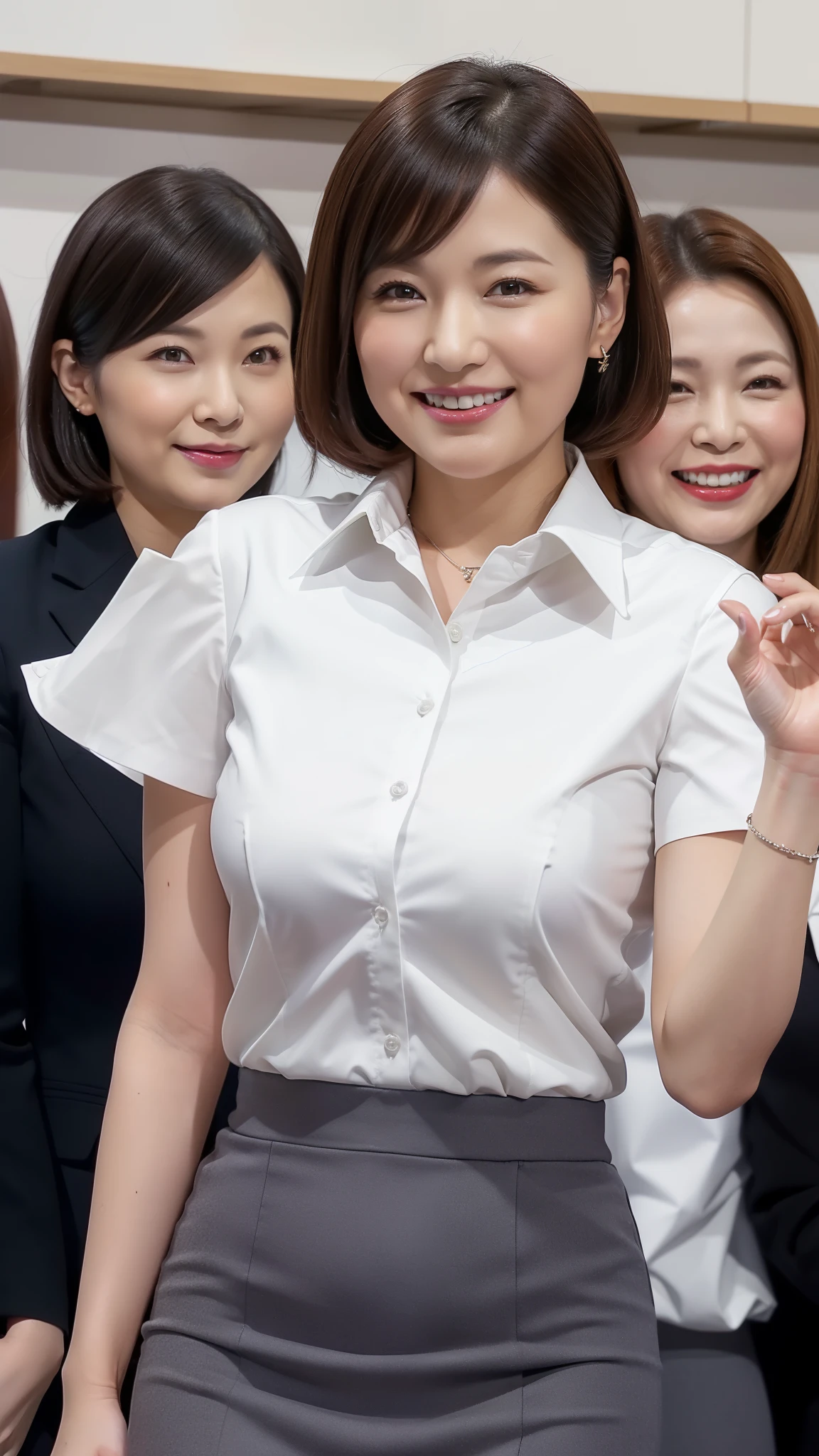 ((highest quality, 8k, Representative works in detail, Ultra-high resolution)), (Group photo), (Looking at the audience), (Mid Shot:), Five attractive businesswomen,Five women, A little chubby:0.25, white short sleeve collared shirt, Grey tight skirt, Short skirt(officeの机にあぐらをかいて座っている)), smile, office、