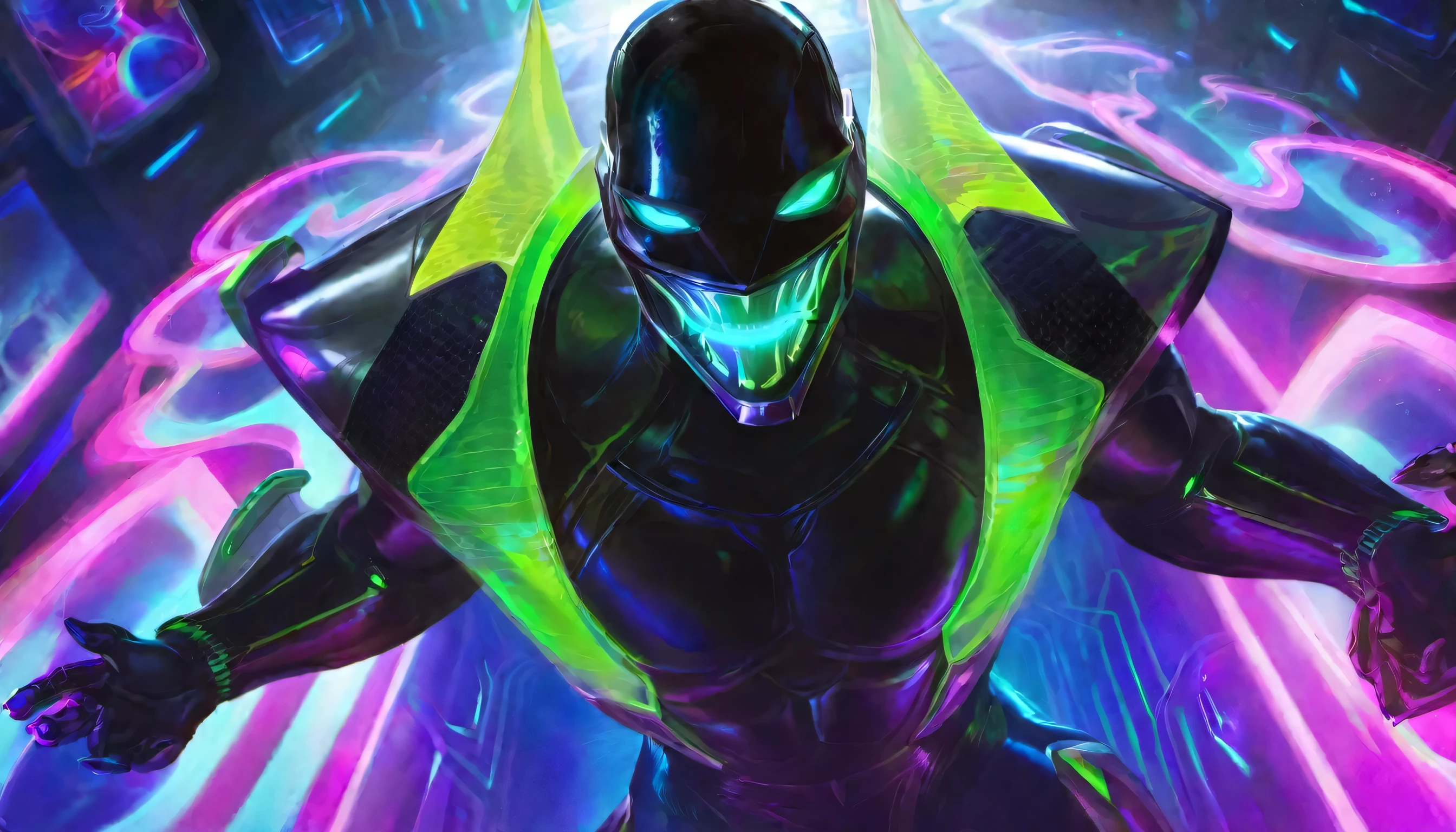 best aesthetic, lolsplashart, man wearing a futuristic neon black body suit, plain black futuristic mask with glowing green grin and eyes, glowing shades of blue purple pink, WHITE BACKGROUND