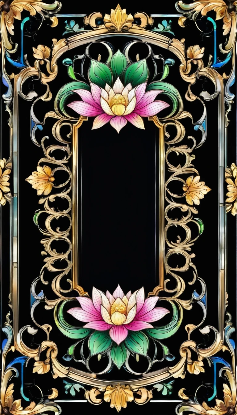 Black background Baroque rectangular frame in the center Lotus flower stained glass