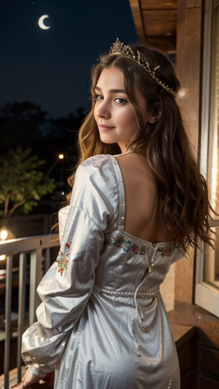 Majestic queen, standing proud at the balcony, wearing a sleeping gown with exquisite floral embroidery, long sleeves falling gracefully over her arms, and a flowing train that sways gently in the night breeze, her regal silver crown adorned with precious gems and intricate designs, her expressive eyes gleaming with wisdom and power, a serene smile playing on her lips, her loose golden curls cascading down her back, the moonlight illuminating her radiant features, an ethereal and dreamlike scene, a masterpiece of artwork in the highest quality and utmost detail.