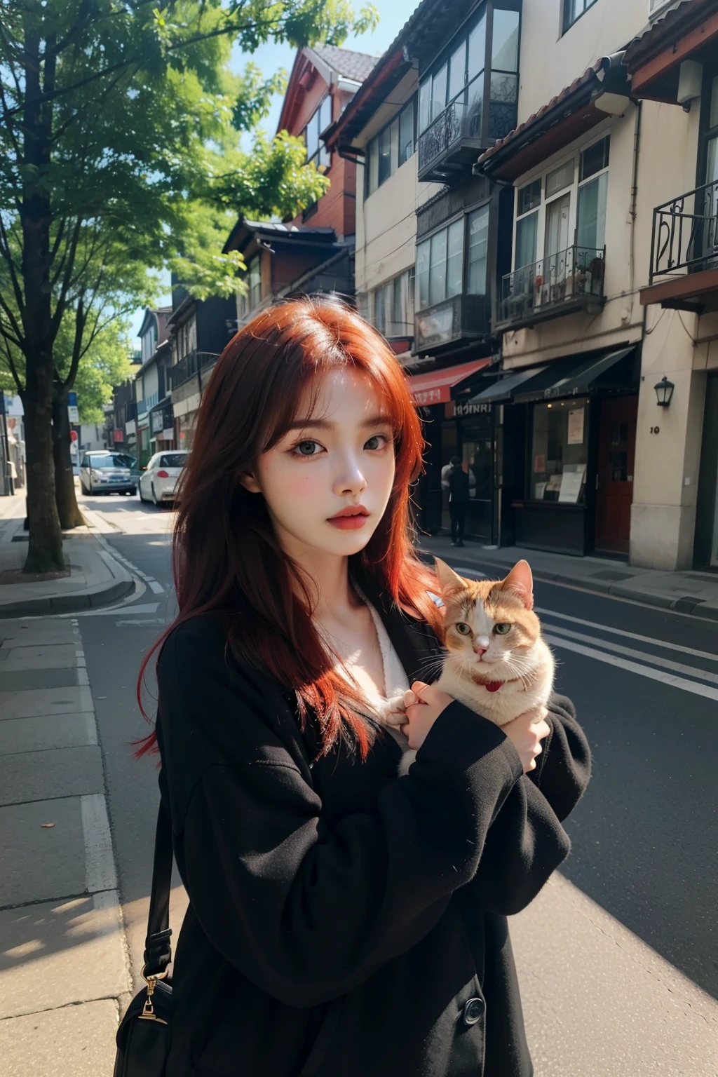 ((best quality)), ((masterpiece)), (detailed), perfect face, Close up of person holding cat on street, Best Face, with red hair, Doyoung Kim, Jinyoung Shin, very beautiful cute cat, random pose,