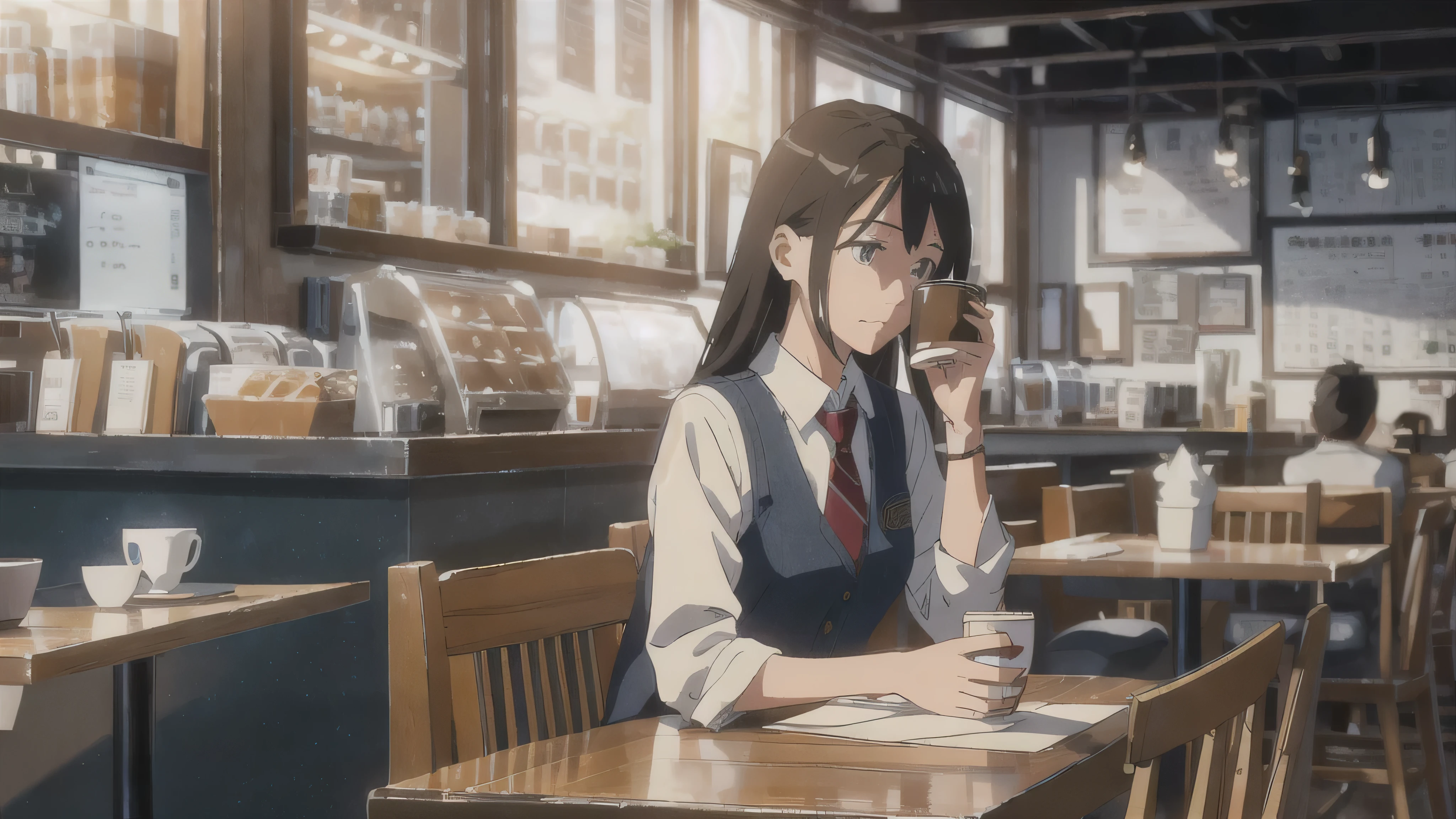 The Wind of Sincerity, anime, evening, Moving visual effects, Natural glare. Wearing a dress shirt and tie,denim, A 20-year-old with a kind face drinking coffee alone at a cafe, Cute woman drinking coffee and listening to music happily,  