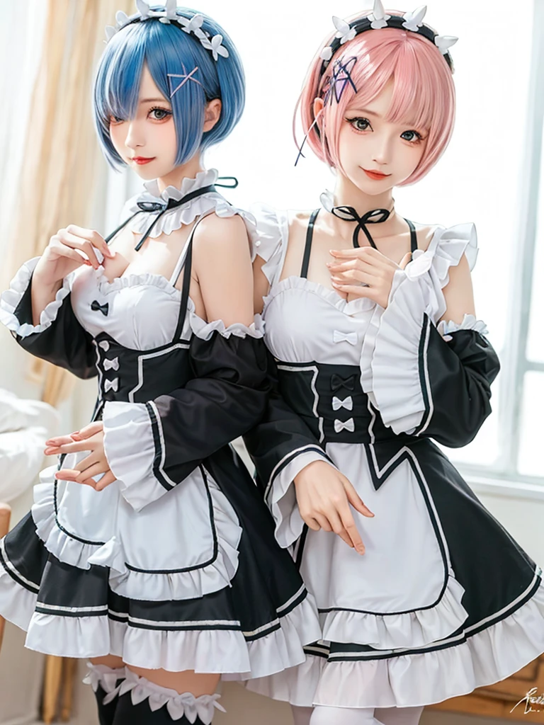 (8K, Photorealistic, Raw photo, of the highest quality: 1.3), (1girl in), Super beautiful, (Realistic face), (boyish, pink Color Berry Shorthair), Beautiful , Glare that captivates the viewer, Beautiful expression, Beautiful breasts, (Realistic skin), Be...Create a detailed and colorful image of Ram and Rem from Re:Zero, standing back-to-back in their maid outfits, with a magical fantasy background、14years old, two girls,cute, perfect face, beautiful, nice body, gothic lolita clothes, gothic lolita fashion, frilly skirt, headdress, necklace, bracelet, knee-high socks, boots, double eyelids, tear bags, Detailed down to the fingers, photo-like description, indoors, dim indoor lighting, one girl is pink hair and short bob, another girl is light blue hair and short bob,standing, sexy posing,whole body, composition that shows the whole body, smiling,The Both of them are wearing the same type of maid outfit,Optimal ratio of 4 fingers and 1 thumb