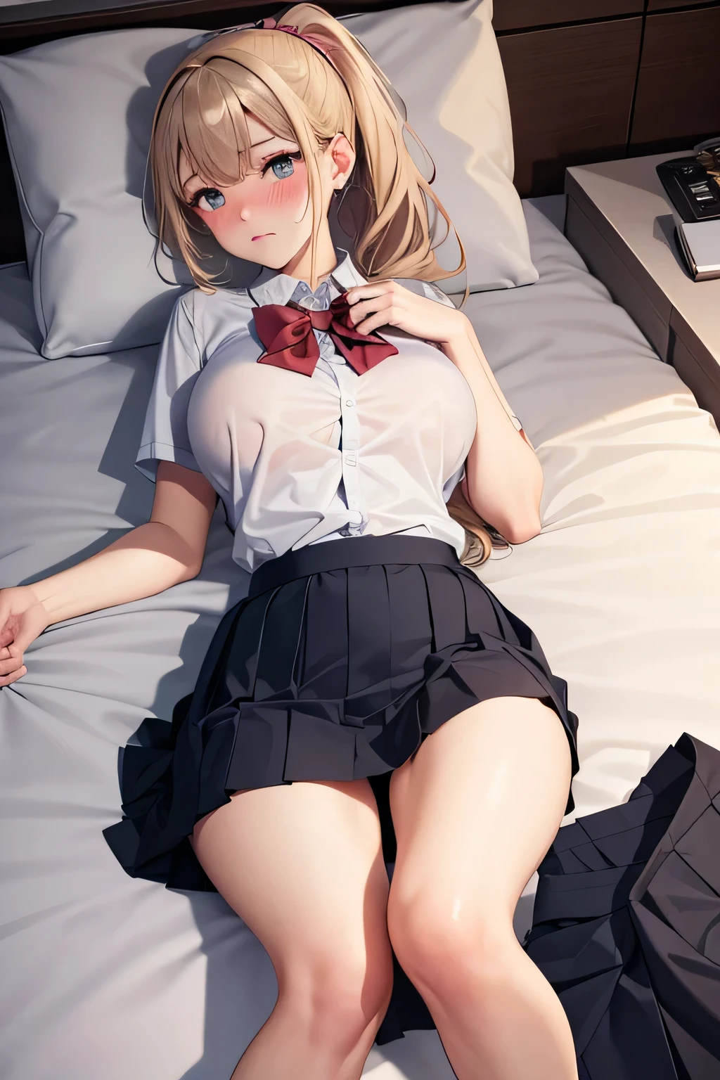 muste piece、masterpiece、highest quality、Super detailed、High resolution、8K portrait、High definition CG of Unity 8k wallpaper、cute type little:1.5、Lori:1.5、Highly detailed CG unity 8k wallpaper、Realistic、real person、 portrait photography、shiny skin、High definition、(:1.2)、(1 girl)、beautiful clear eyes、extremely detailed description、delicate face、nice lips、slender body、(thin waist)、thin legs、(bed room:1.6)、1 girl, cute type, perfect face, seriously, (blush:1.8),(Blonde Ponytail:1.3),(big breasts:1.3),((school uniform:1.3)),((skirt lifted:1.5)),(looking at view),(from front),(disapproval face:1.5),((lying:1.8)),(spread legs:1.2)