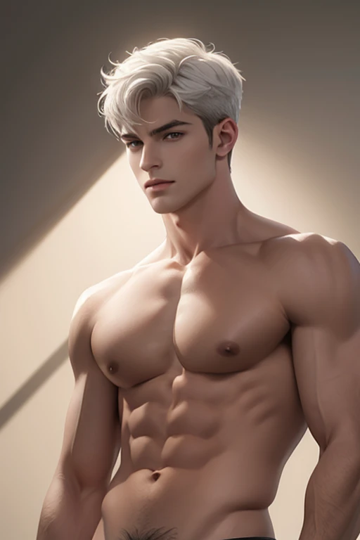 Full body photorealistic 4k, high resolution, best quality, masterpiece, perfect color, perfect shade, perfect lighting, Posted by e621, ((portrait)), ((handsome man)), perfect male figure, Short hair details,chest muscles,abdominal muscles,Naked torso,nudeness Detailed face, perfect face, (stood up), Detailed background, ((Bonifasco Lighting)), (delicate eyes)),white hair. Beige underwear thong, bulge.cats ears