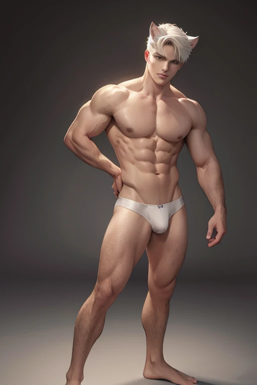 Full body photorealistic 4k, high resolution, best quality, masterpiece, perfect color, perfect shade, perfect lighting, Posted by e621, ((portrait)), ((handsome man)), perfect male figure, Short hair details,chest muscles,abdominal muscles, torso,nudenDetailed face, perfect face, (stood up), Detailed background, ((Bonifasco Lighting)), (delicate eyes)),white hair. Beige underwear thong, bulge.cats ears