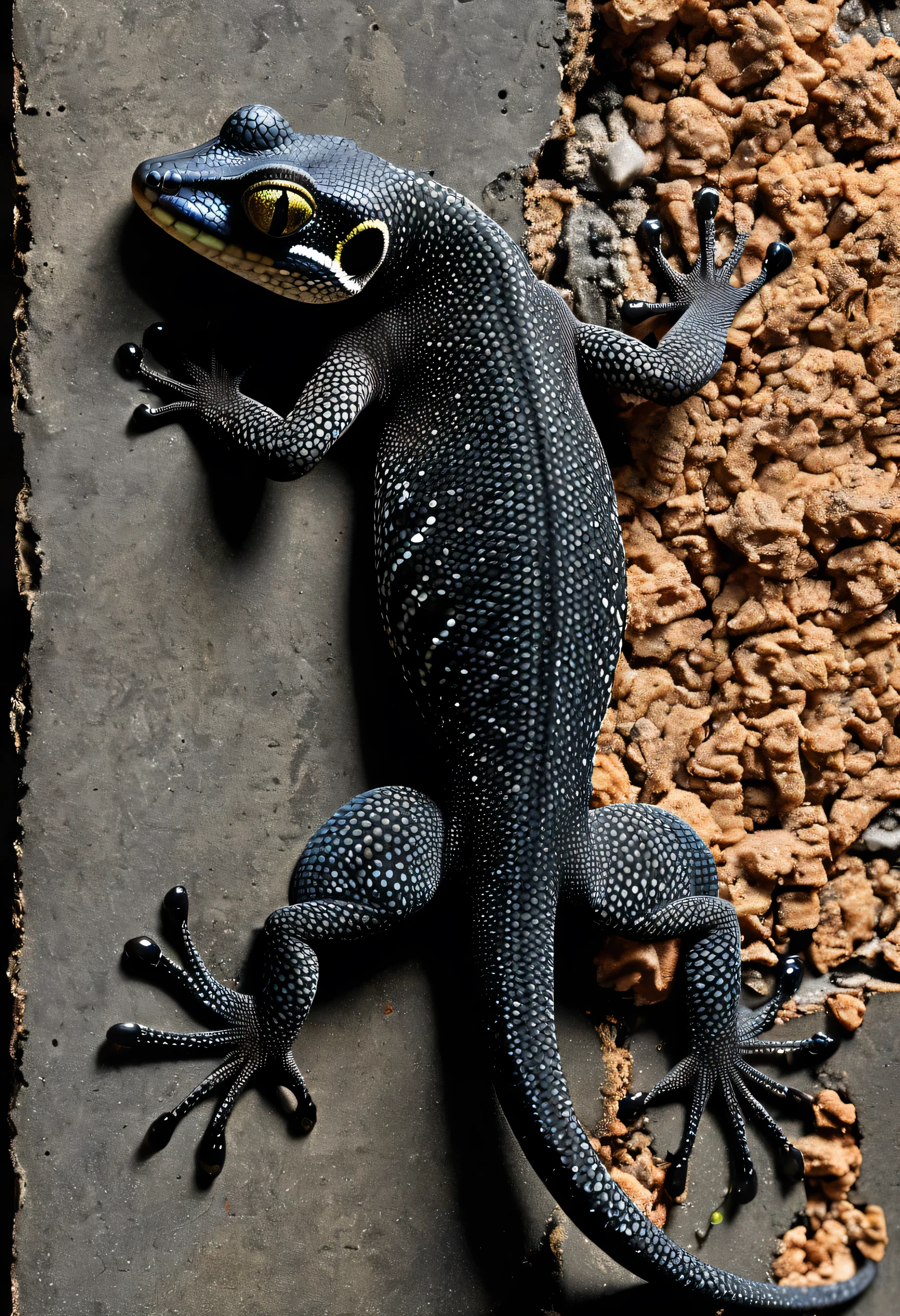 hybrid specimen of gecko with: (muscular human body covered with "black" scales), (gecko head), (black osteoderms on the sides of the arms), (lizard tail), (feline legs), (claws), (osteoderms blacks on the back), (jaws wide open), (scales visible "maximum precision"), (while biting a "cement brick"). 8k 3D High details full picture, (in a swamp under a dilapidated and abandoned apartment building) "without errors"