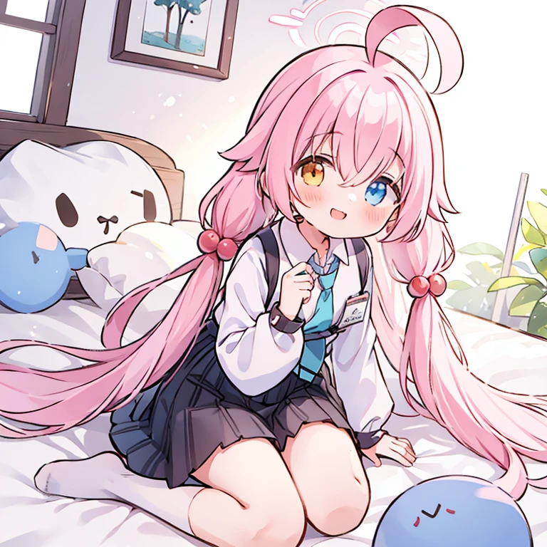 (best quality, highres:1.2), ultra-detailed, realistic:1.37, white short-haired loli tsundere in school uniform, in her bedroom, spreading her legs showing her panties, illustrations, vibrant colors, soft lighting, con medias de color rosa, en un ambiente azul, Sympathetic face