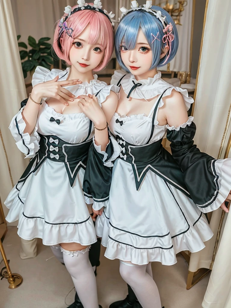 (8K, Photorealistic, Raw photo, of the highest quality: 1.3), (1girl in), Super beautiful, (Realistic face), (boyish, pink Color Berry Shorthair), Beautiful , Glare that captivates the viewer, Beautiful expression, Beautiful breasts, (Realistic skin), Be...Create a detailed and colorful image of Ram and Rem from Re:Zero, standing back-to-back in their maid outfits, with a magical fantasy background、14years old, two girls,cute, perfect face, beautiful, nice body, gothic ta clothes, gothic loliashion, frilly skirt, headdress, necklace, bracelet, knee-high socks, boots, double eyelids, tear bags, Detailed down to the fingers, photo-like description, indoors, dim indoor lighting, one girl is pink hair and short bob, another girl is light blue hair and short bob,standing, sexy posing,whole body, composition that shows the whole body, smiling,The Both of them are wearing the same type of maid outfit,Optimal ratio of 4 fingers and 1 thumb