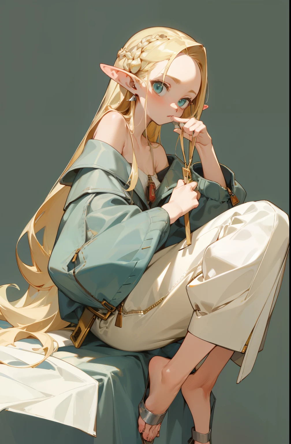 (masterpiece, best quality) detailed, silver accessories , The zipper is not closed , blond ,elegant, Pointed ears ,The clothespin is broken,Off-shoulder,whole body