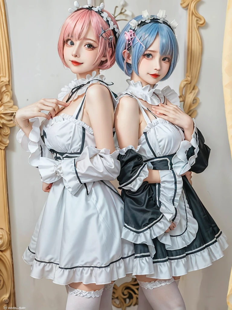 (8K, Photorealistic, Raw photo, of the highest quality: 1.3), (1girl in), Super beautiful, (Realistic face), (boyish, pink Color Berry Shorthair), Beautiful , Glare that captivates the viewer, Beautiful expression, Beautiful breasts, (Realistic skin), Be...Create a detailed and colorful image of Ram and Rem from Re:Zero, standing back-to-back in their maid outfits, with a magical fantasy background、14years old, two girls,cute, perfect face, beautiful, nice body, gothic lolita clothes, gothic lolita fashion, frilly skirt, headdress, necklace, bracelet, knee-high socks, boots, double eyelids, tear bags, Detailed down to the fingers, photo-like description, indoors, dim indoor lighting, one girl is pink hair and short bob, another girl is light blue hair and short bob,standing, sexy posing,whole body, composition that shows the whole body, smiling,The Both of them are wearing the same type of maid outfit,Optimal ratio of 4 fingers and 1 thumb