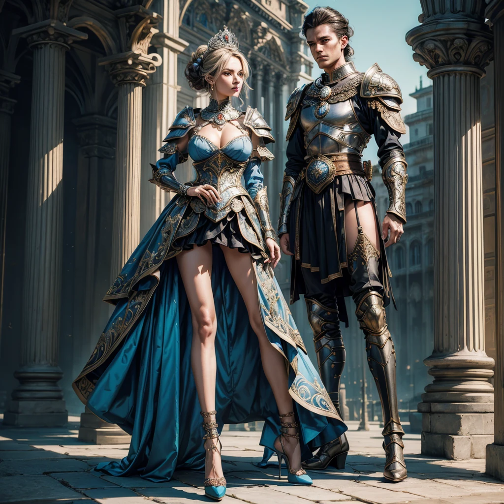 (tall girl with long legs), (standing pose), (body facing to the viewer),(tutututu), (high heels:1.3),full huge breasts,huge round breasts, 1 girl, (black updo:1.2), (steel armor:1.1) royalty ornate (embroidery:0.5), skinny (Gorget Plackart pauldron :1.3), (mini skirt with blue colors), (masterpiece:1.2) (illustration:1.1) (best quality:1.2) (extremely detailed) (intricate) (8k) (HDR) (wallpaper) (cinematic lighting) (bright lighting) (sharp focus),outdoor at a bright sky.
