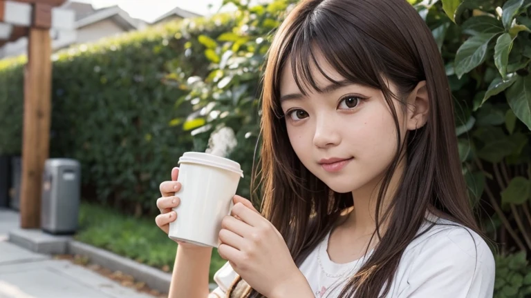 A young girl holds a cup of coffee in her hands, Girl Cute - Delicate Face, Cute and natural anime face, With a cute and delicate face, Sakimi Chen, Chiho, Yoshitomo Nara, Young cute face, Beautiful Japanese girl face, Brown hair and big eyes, Cute kawaii girl, Beautiful bright big eyes