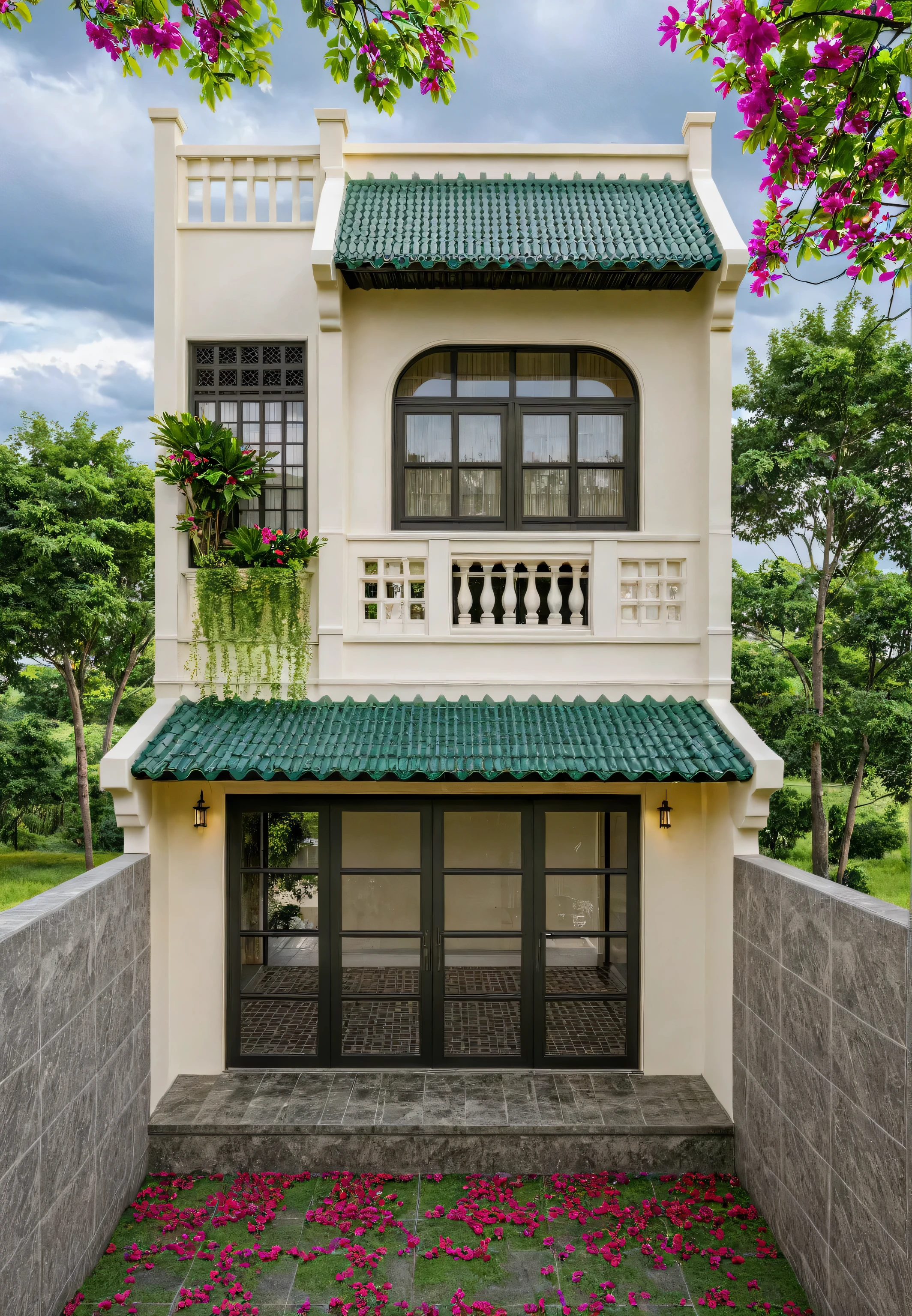 Raw photo,Masterpiece, high quality, best quality, authentic, super detail, exterior, outdoors, house style indochine, Many bougainvilleas along the road ,aiaigroup road,pavement, grass, trees, sky, cloud, (day:1.1), vivid colour ((green tile roof:1.3))