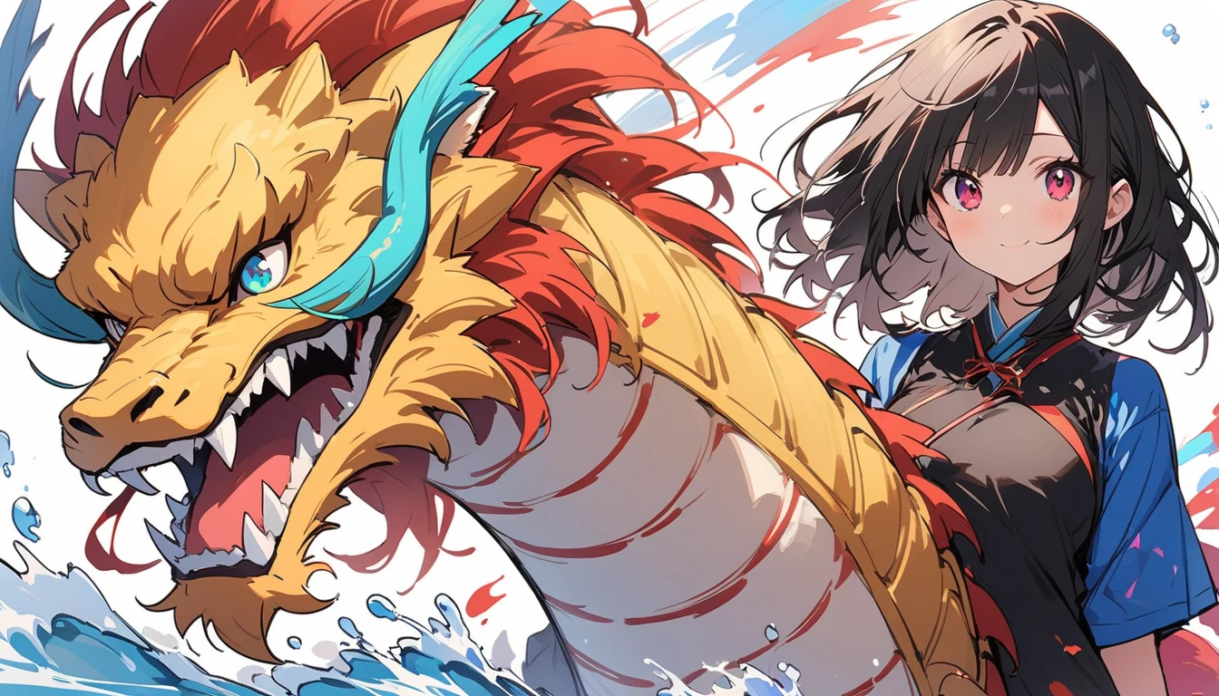 {{{{{figure}}}}},(highest quality、masterpiece、High resolution、Detailed)animeスタイル、flat style、(Sparkling Eyes、Detailed美しい顔), BREAK,One girl,chinese dragon,chinese girl,female focus, {{color ink painting}},{{splashing ink}},{{Color splashes}},{{{colorful}}},{{sketch}}, masterpiece,highest quality, beautifully drawn,非常にDetailed,anime