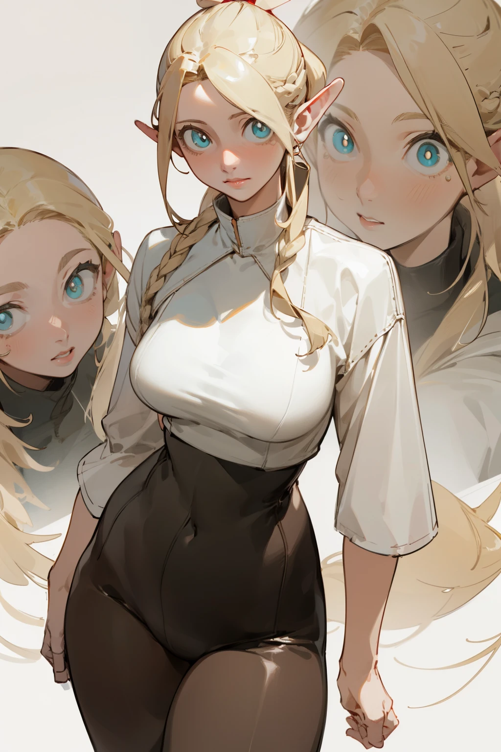 Pantyhose,Tight leather pants,White top,boots, Fashion Clothing,Long blond hair,Single ponytail,high ponytail, bust and waist,Beautiful blonde,(masterpiece),((best quality)),(Ultra Detailed),(beautiful eyes beautiful details eyes,Clean and delicate face),big breasts,round breasts