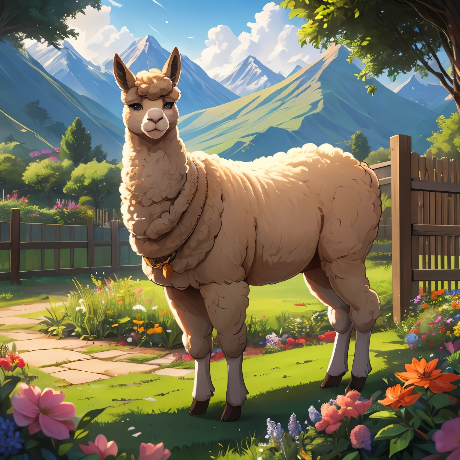 (best quality,8k,highres, masterpiece:1.2), ultra-detailed, HDR, UHD, studio lighting, ultra-fine painting, sharp focus, physically-based rendering, extreme detail description, professional, vivid colors, bokeh, portraits, concept artists, warm color palette, dramatic lighting,no humans,Several alpacas in the fence of the zoo, inside the fence is a garden that imitates the Andes, an alpaca relaxing in the garden, a loving gaze, warm fur, a garden full of nature, the great nature of the Andes, fluffy fur, a majestic natural landscape,