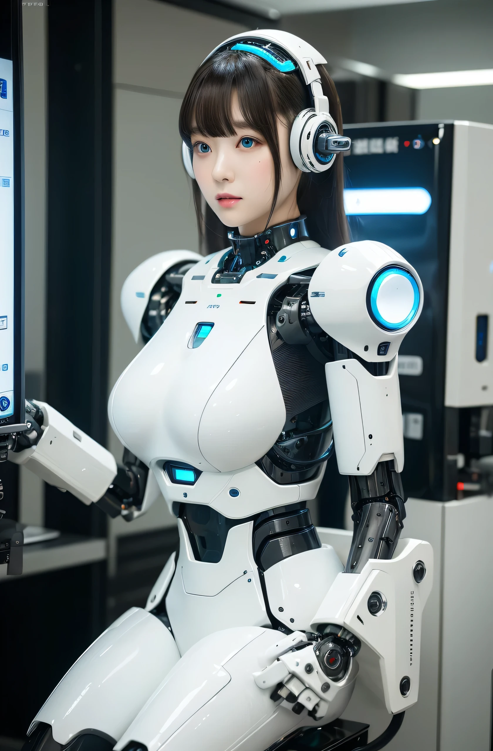 masterpiece, Best Quality, Extremely detailed,Japanese android girl,Plump ,a bit chubby, control panels,android,Droid,Mechanical Hand, ,Robot arms and legs, Black hair,Mechanical body,Blunt bangs,White Robotics Parts,perfect robot woman,Charging spot,Long Tube,A thick cable was connected to his neck.,ceramic body ,Mechanical body, mechanical ear covers,android,robot humanoid,Slightly Chubby,pantiy,complete eyes,Perfect machine body,White robot body,The laboratory of the future,android factory,mechanical ear covers,White and light blue uniform,aqua accent costume,blue eyes