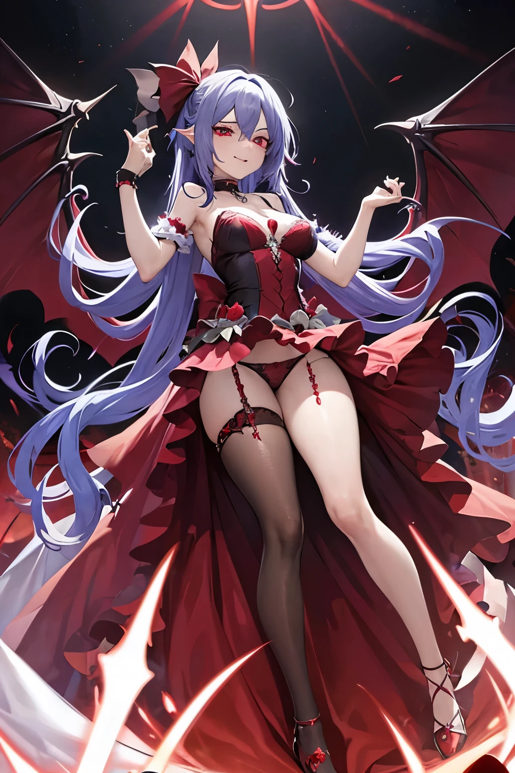 Remilia Scarlet, obscene pose, blue hair, obscene costume, Red eyes, wings, , evil smile, cinematic light, Black background, necklace, , white stockings, gasped, Opening the leg, Holding handcuffs in his hands, You can see the underpants, choker on leg