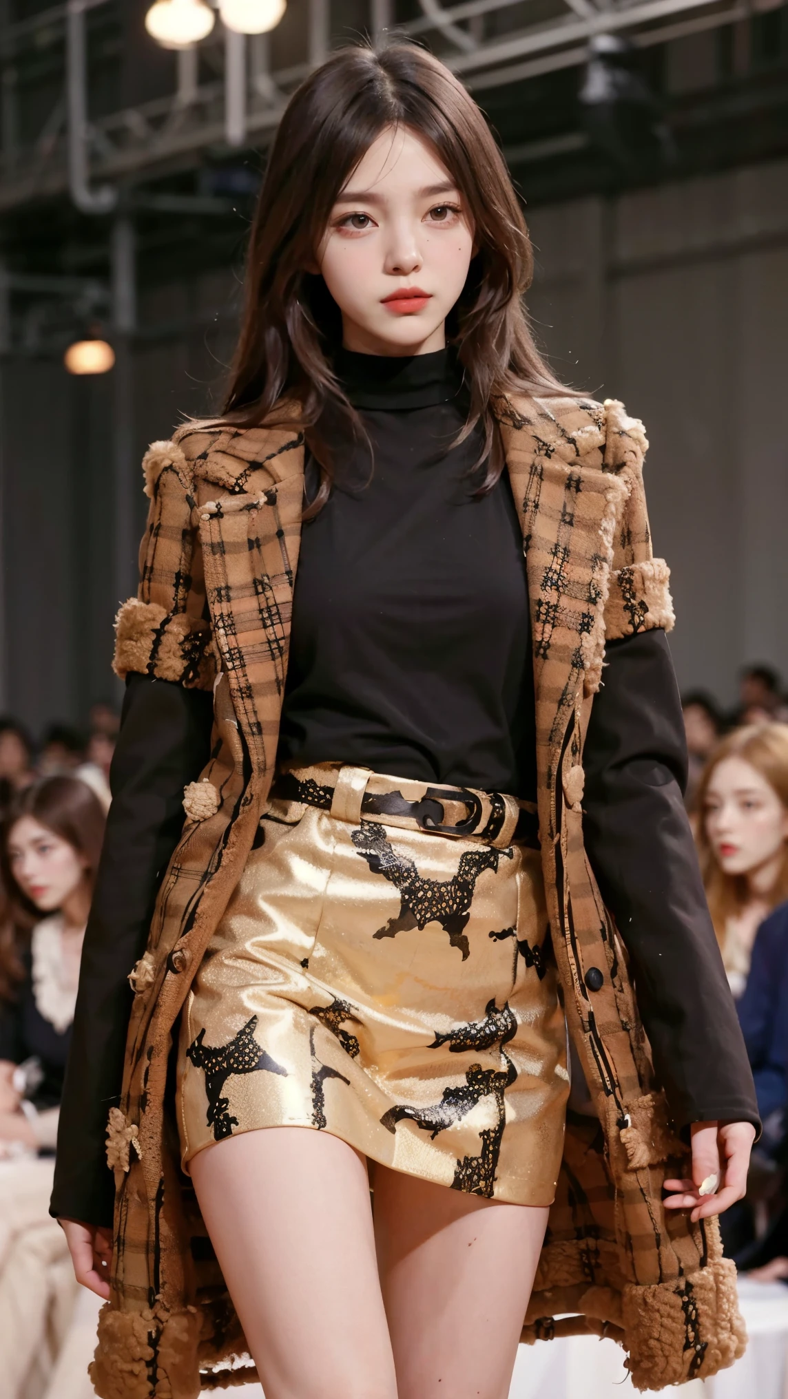 girl, bangs, long hair, view viewer, parted lips, catwalk,(high fashion), (shiny skin), (Masterpiece:1.4), (Best Quality:1.4), Red Lips, sweet girl, fur coat, miniskirt