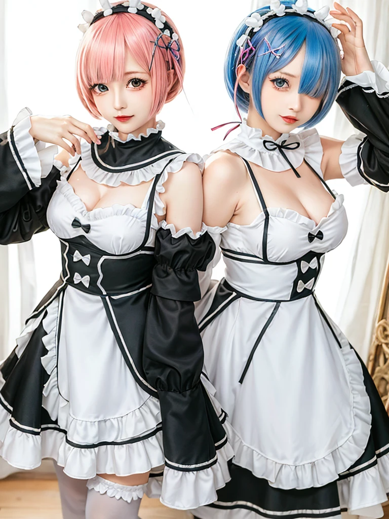(8K, Photorealistic, Raw photo, of the highest quality: 1.3), (1girl in), Super beautiful, (Realistic face), (boyish, pink Color Berry Shorthair), Beautiful , Glare that captivates the viewer, Beautiful expression, Beautiful breasts, (Realistic skin), Be...Create a detailed and colorful image of Ram and Rem from Re:Zero, standing back-to-back in their maid outfits, with a magical fantasy background、14years old, two girls,cute, perfect face, beautiful, nice body, gothic lolita clothes, gothic lolita fashion, frilly skirt, headdress, necklace, bracelet, knee-high socks, boots, double eyelids, tear bags, Detailed down to the fingers, photo-like description, indoors, dim indoor lighting, one girl is pink hair and short bob, another girl is light blue hair and short bob,standing, sexy posing,whole body, composition that shows the whole body, smiling,The Both of them are wearing the same type of maid outfit,Optimal ratio of 4 fingers and 1 thumb