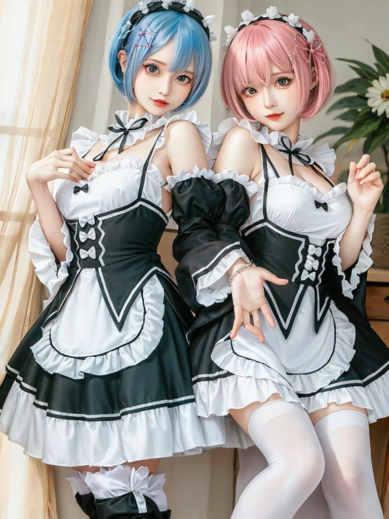(8K, Photorealistic, Raw photo, of the highest quality: 1.3), (1girl in), Super beautiful, (Realistic face), (boyish, pink Color Berry Shorthair), Beautiful , Glare that captivates the viewer, Beautiful expression, Beautiful breasts, (Realistic skin), Be...Create a detailed and colorful image of Ram and Rem from Re:Zero, standing back-to-back in their maid outfits, with a magical fantasy background、14years old, two girls,cute, perfect face, beautiful, nice body, gothic ta clothes, gothic loliashion, frilly skirt, headdress, necklace, bracelet, knee-high socks, boots, double eyelids, tear bags, Detailed down to the fingers, photo-like description, indoors, dim indoor lighting, one girl is pink hair and short bob, another girl is light blue hair and short bob,standing, sexy posing,whole body, composition that shows the whole body, smiling,The Both of them are wearing the same type of maid outfit,Optimal ratio of 4 fingers and 1 thumb