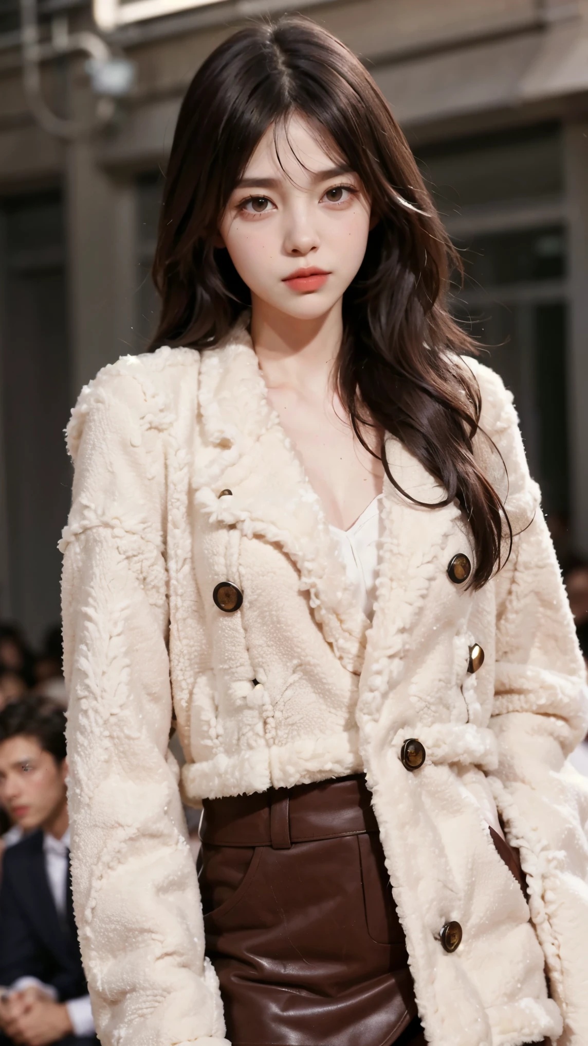 girl, bangs, long hair, view viewer, parted lips, catwalk,(high fashion), (shiny skin), (Masterpiece:1.4), (Best Quality:1.4), Red Lips, sweet girl, fur coat, miniskirt