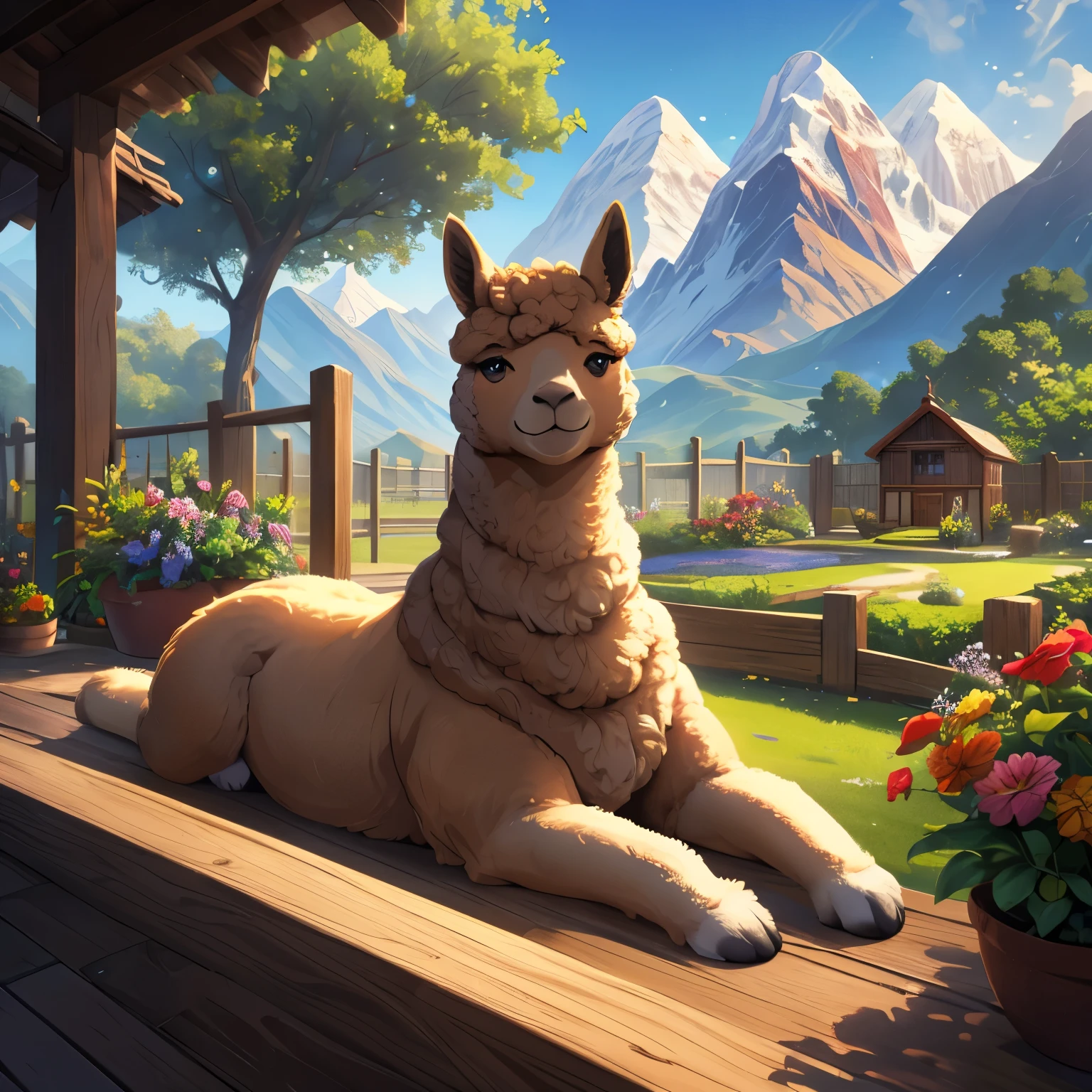 (best quality,8k,highres, masterpiece:1.2), ultra-detailed, HDR, UHD, studio lighting, ultra-fine painting, sharp focus, physically-based rendering, extreme detail description, professional, vivid colors, bokeh, portraits, concept artists, warm color palette, dramatic lighting,no humans,A few alpacas in the fence of the zoo, inside the fence is a garden that imitates the Andes, an alpaca relaxing in the garden, a loving gaze, warm fur, a garden full of nature,