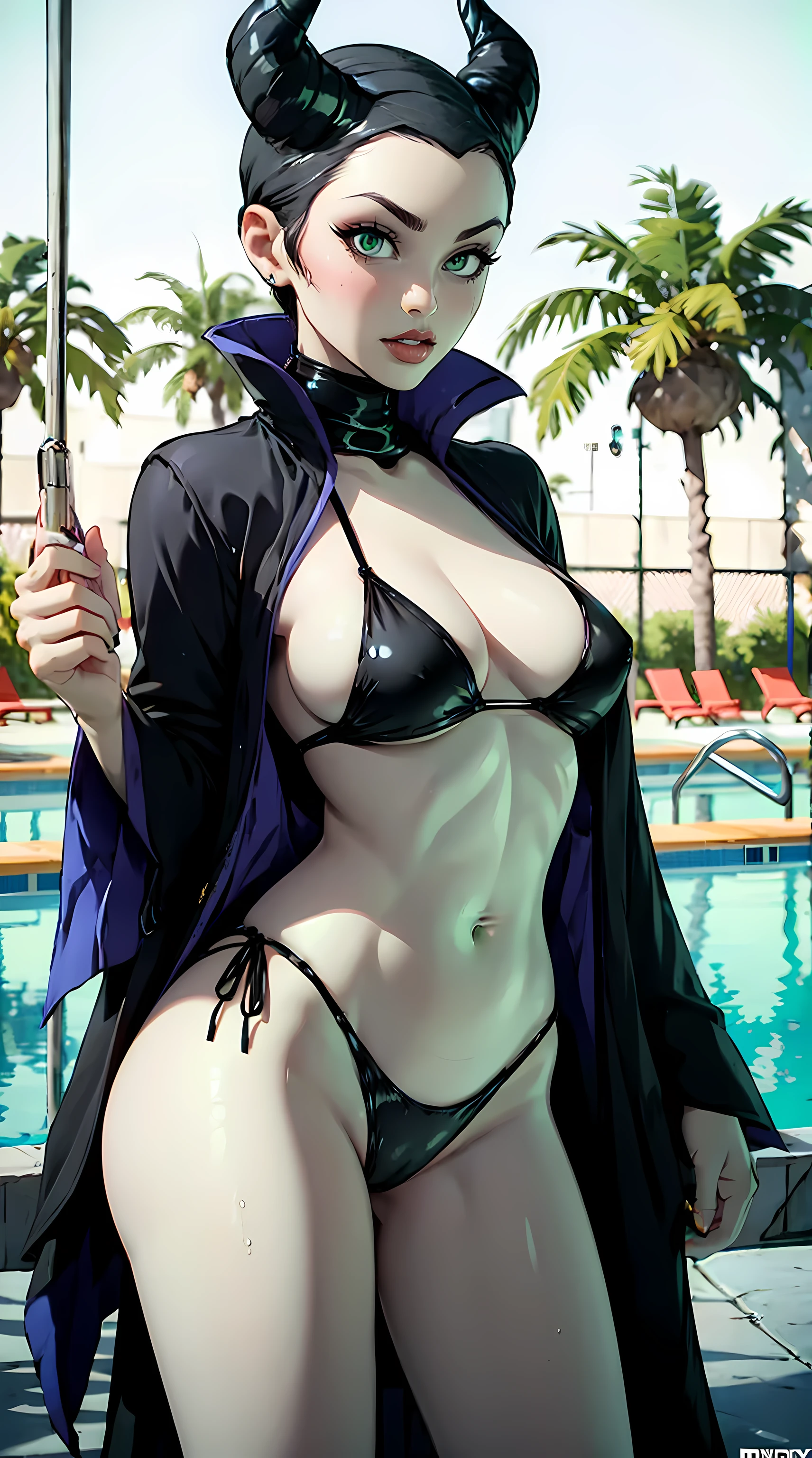 Beautiful women is shown to have a slender figure, pale green skin, demon horns, she is wearing a nsfw bikini, sexy look, green demon eyes, girl standing by the pool sexy session, sexy pose, tiny cleavage, cowboy shot, superior quality, many details, realistic