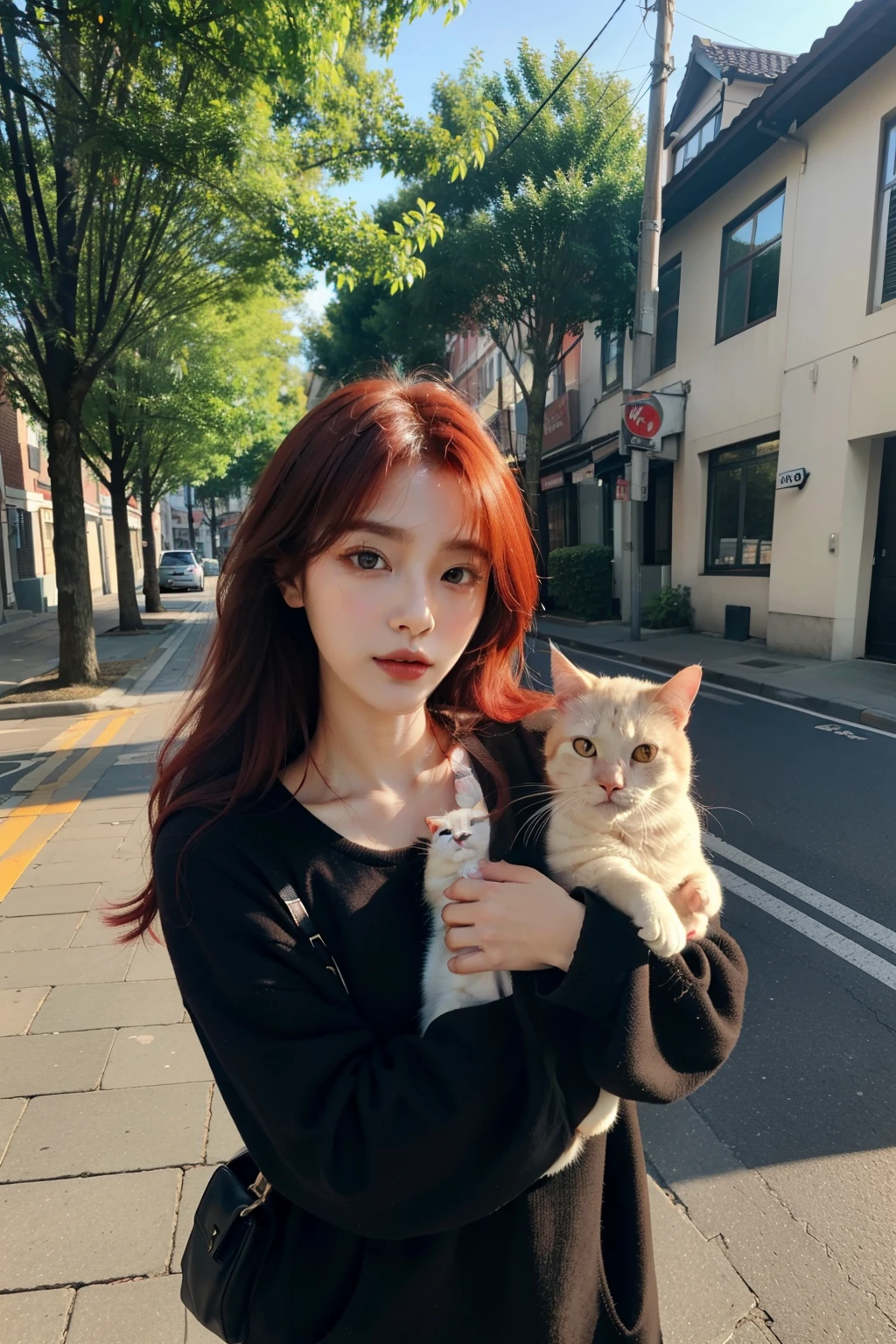 ((best quality)), ((masterpiece)), (detailed), perfect face, Close up of person holding cat on street, Best Face, with red hair, Doyoung Kim, Jinyoung Shin, very beautiful cute cat, random pose, 